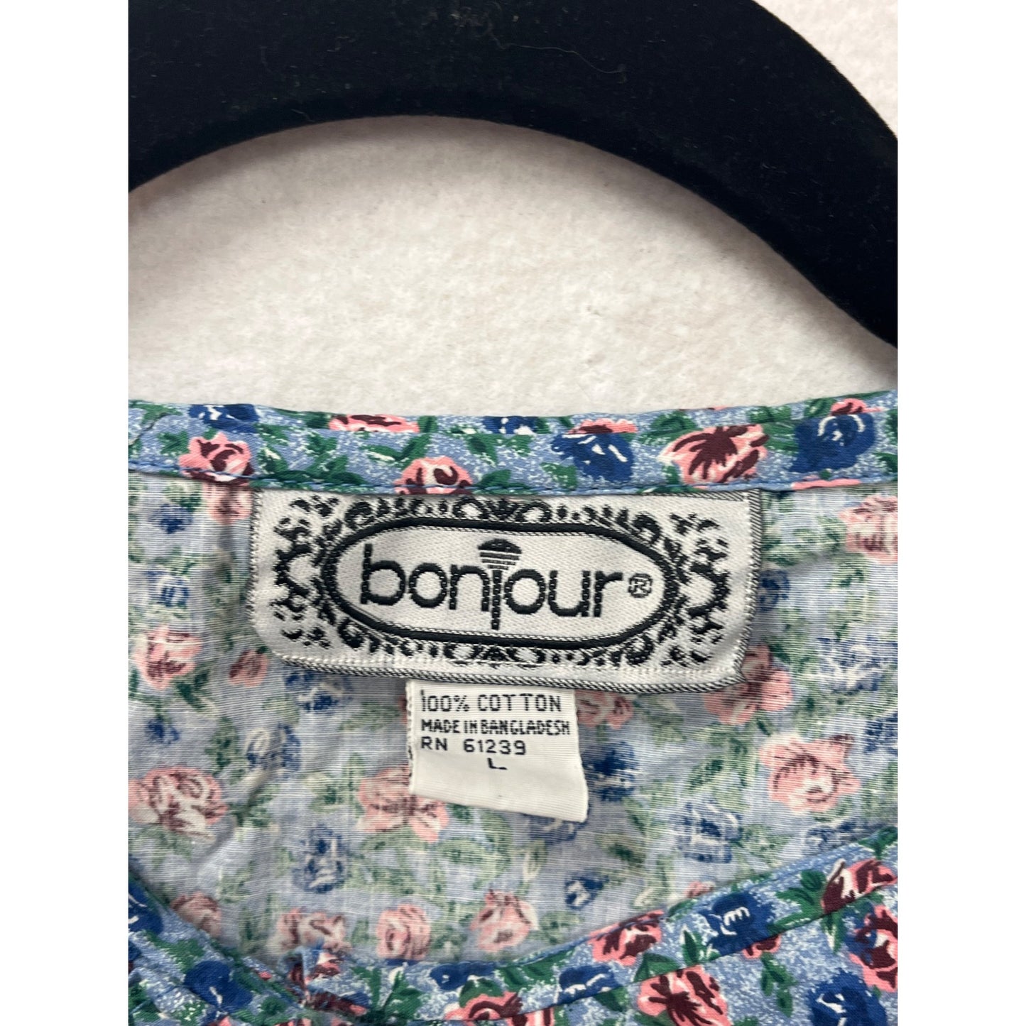 Vintage Bonjour Womens Blue Floral Blouse With Peter Pan Collar & Puff Sleeves Large #6764
