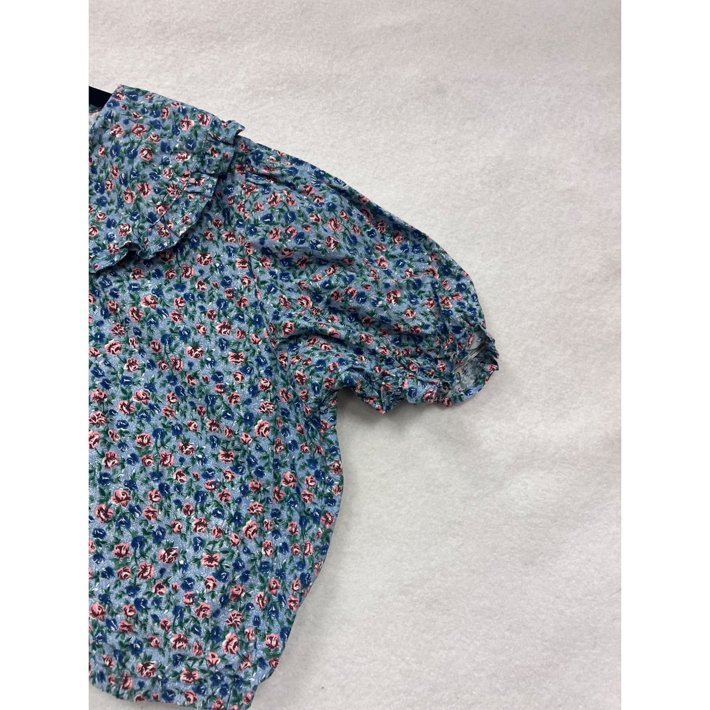 Vintage Bonjour Womens Blue Floral Blouse With Peter Pan Collar & Puff Sleeves Large #6764