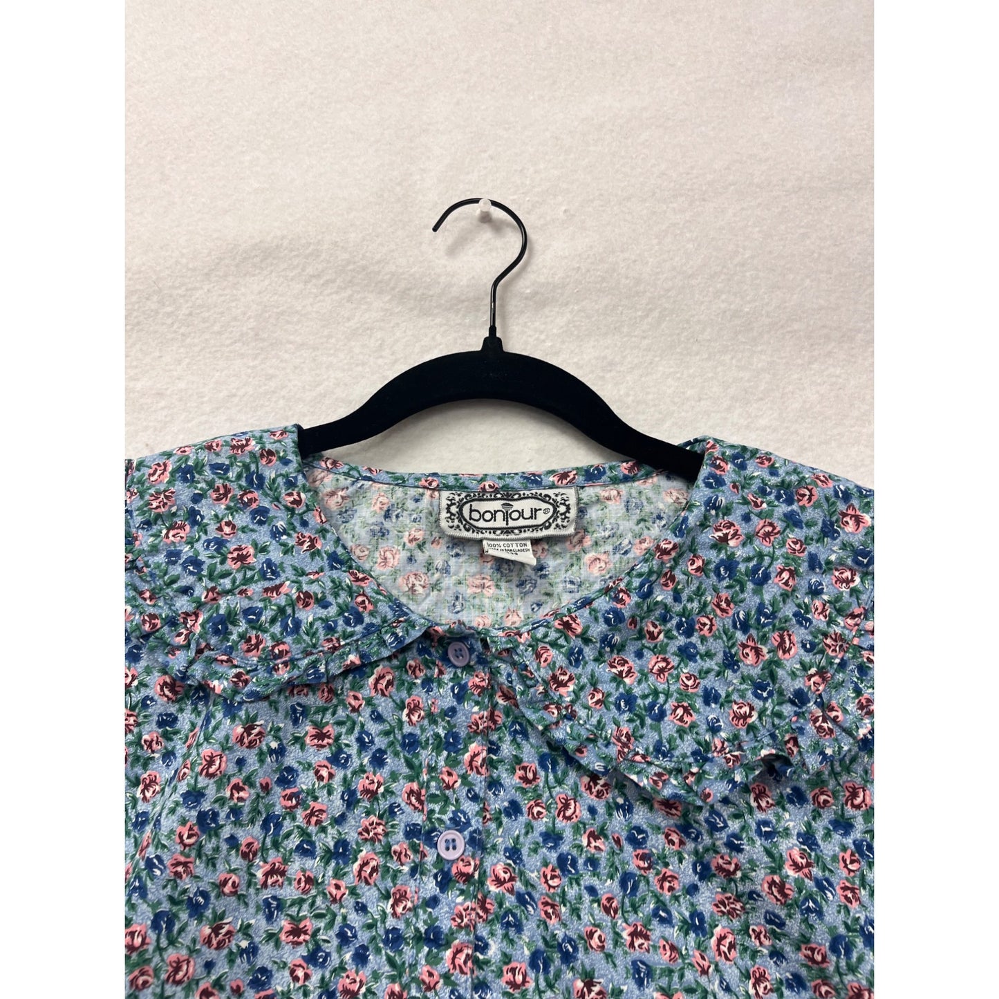 Vintage Bonjour Womens Blue Floral Blouse With Peter Pan Collar & Puff Sleeves Large #6764