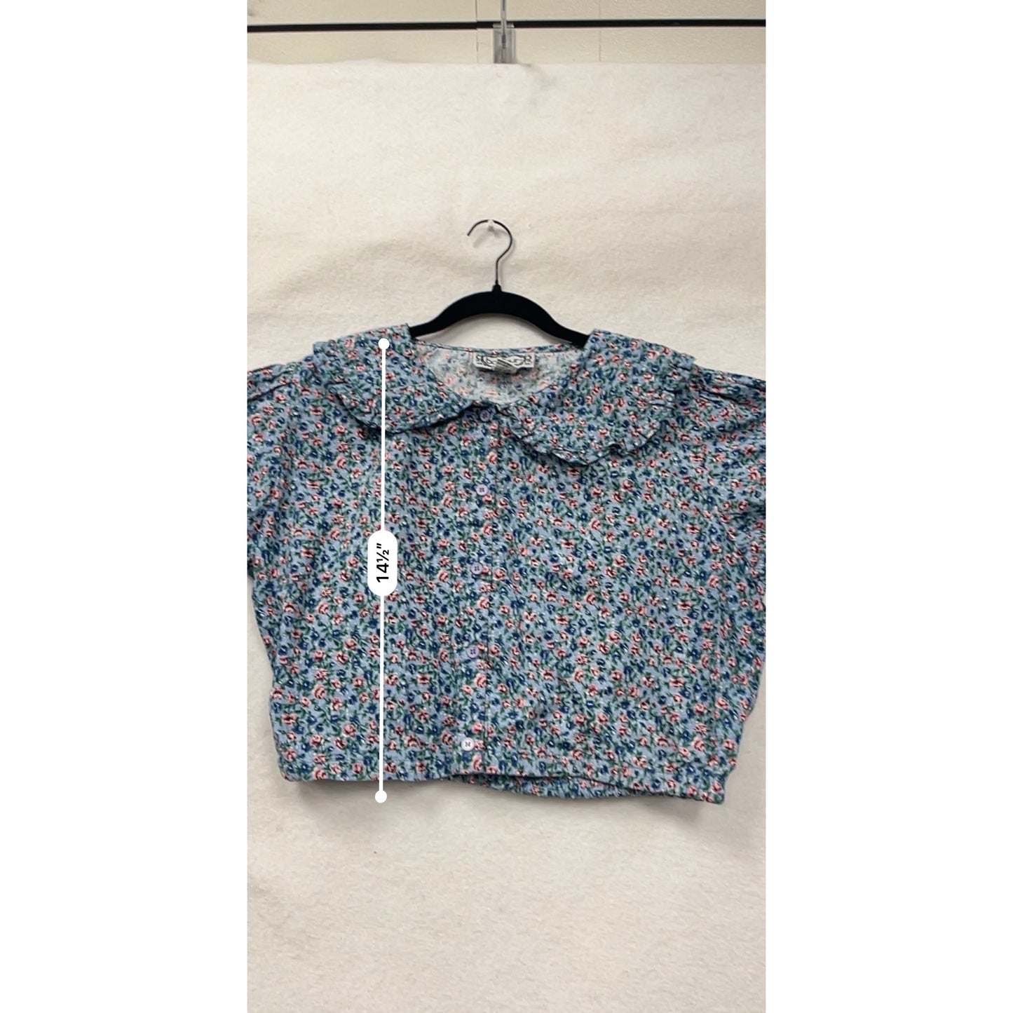 Vintage Bonjour Womens Blue Floral Blouse With Peter Pan Collar & Puff Sleeves Large #6764