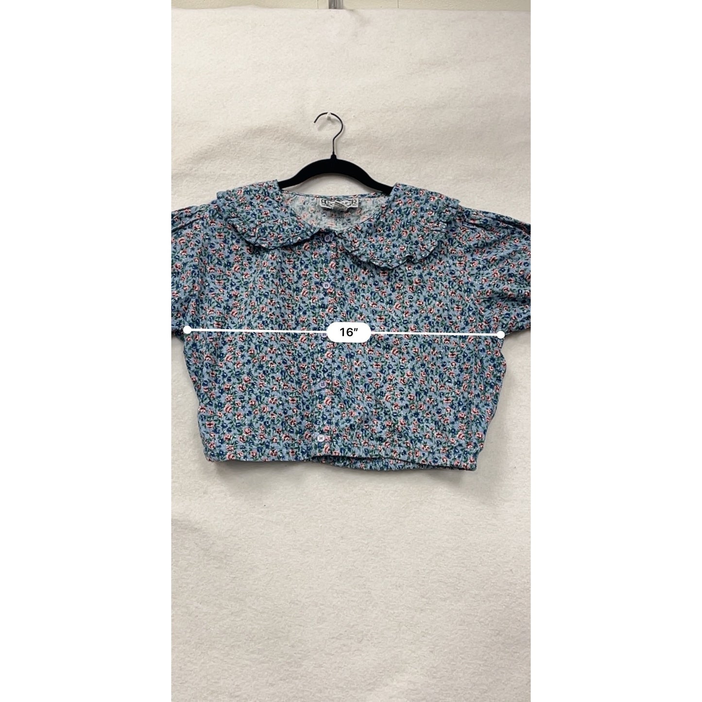 Vintage Bonjour Womens Blue Floral Blouse With Peter Pan Collar & Puff Sleeves Large #6764