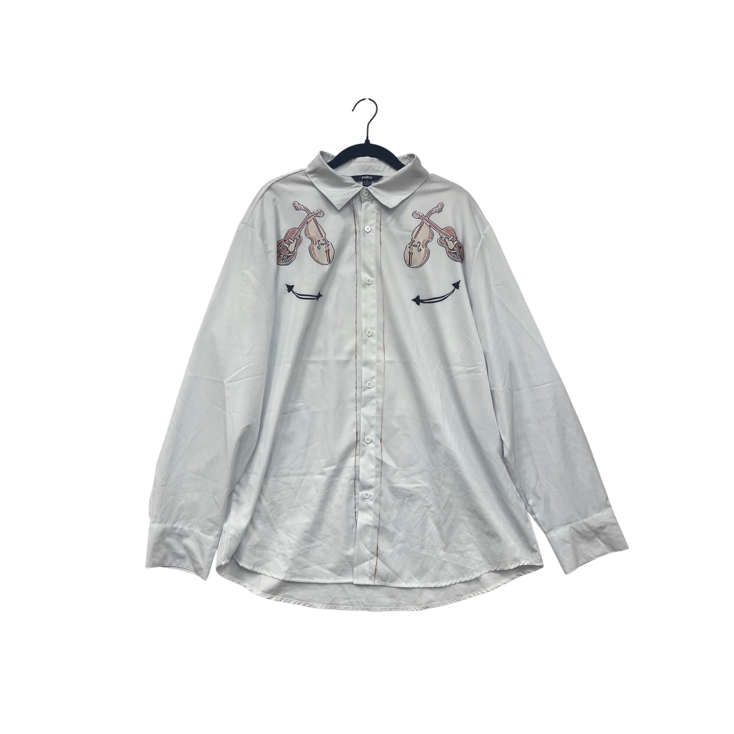 Mens White Button-Up Shirt With Violin Print Size XL #8181