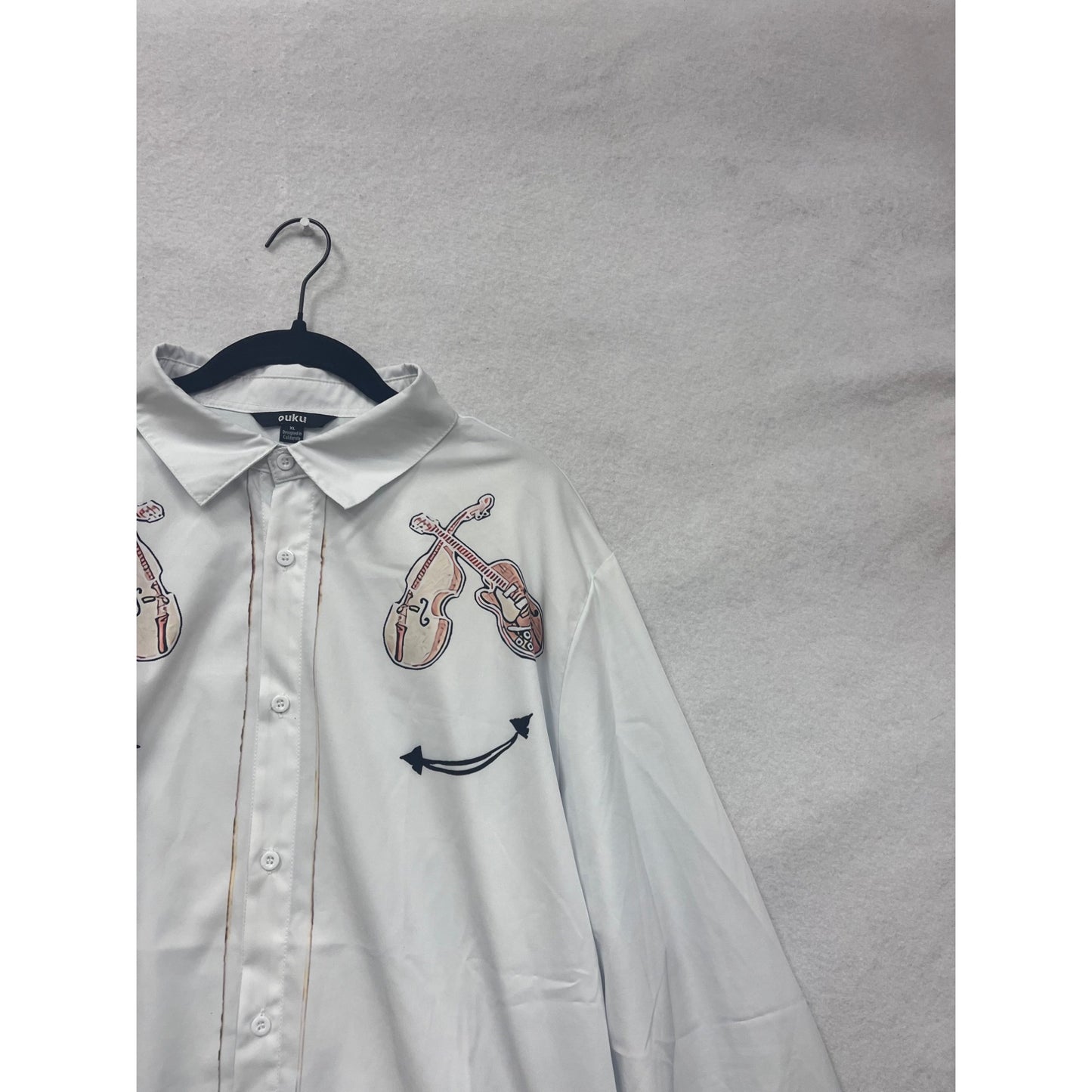 Mens White Button-Up Shirt With Violin Print Size XL #8181