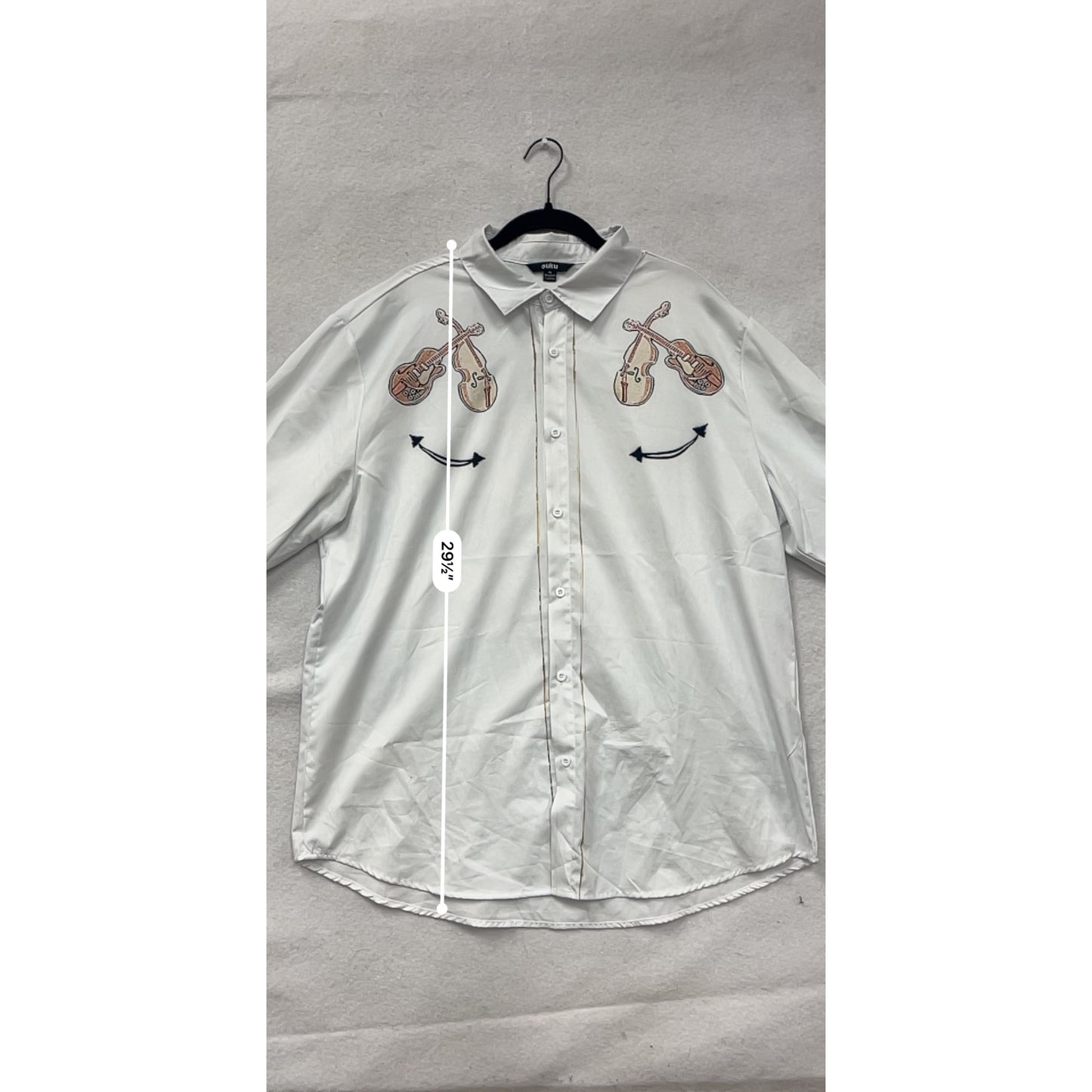 Mens White Button-Up Shirt With Violin Print Size XL #8181