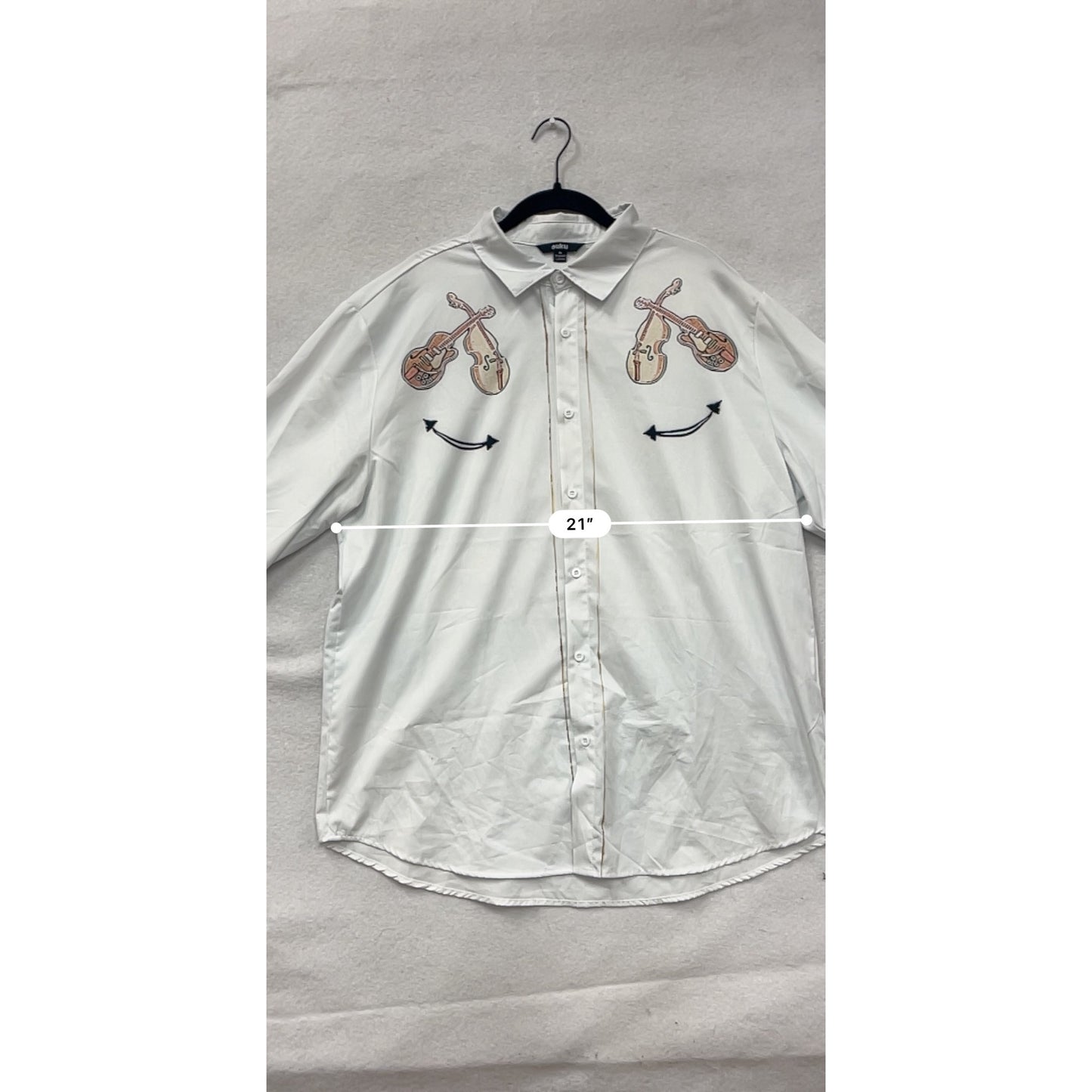Mens White Button-Up Shirt With Violin Print Size XL #8181