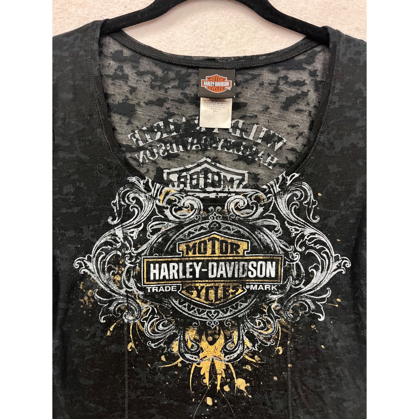 Harley-Davidson Womens Sheer Large Black Graphic Burnout T-Shirt #6490