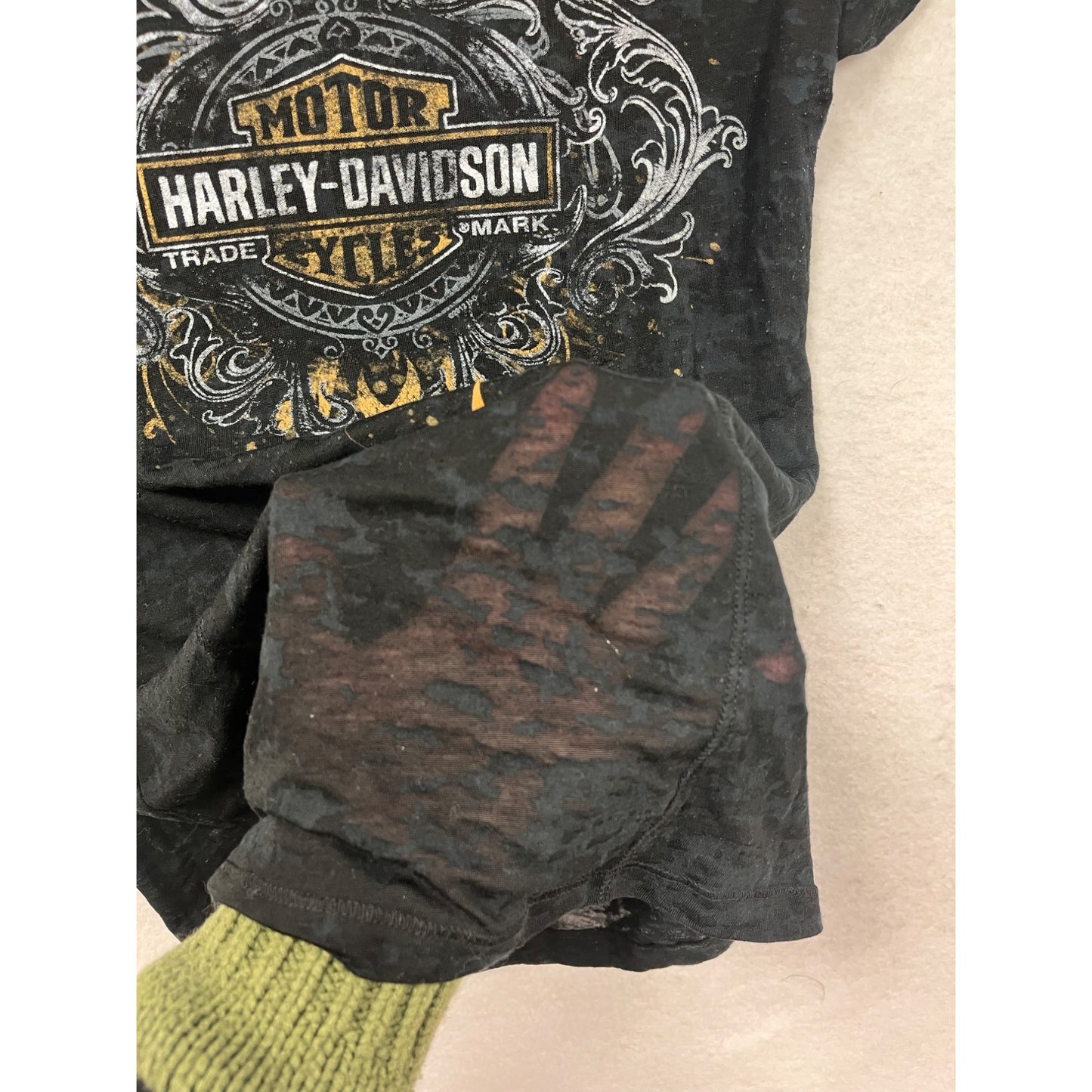 Harley-Davidson Womens Sheer Large Black Graphic Burnout T-Shirt #6490