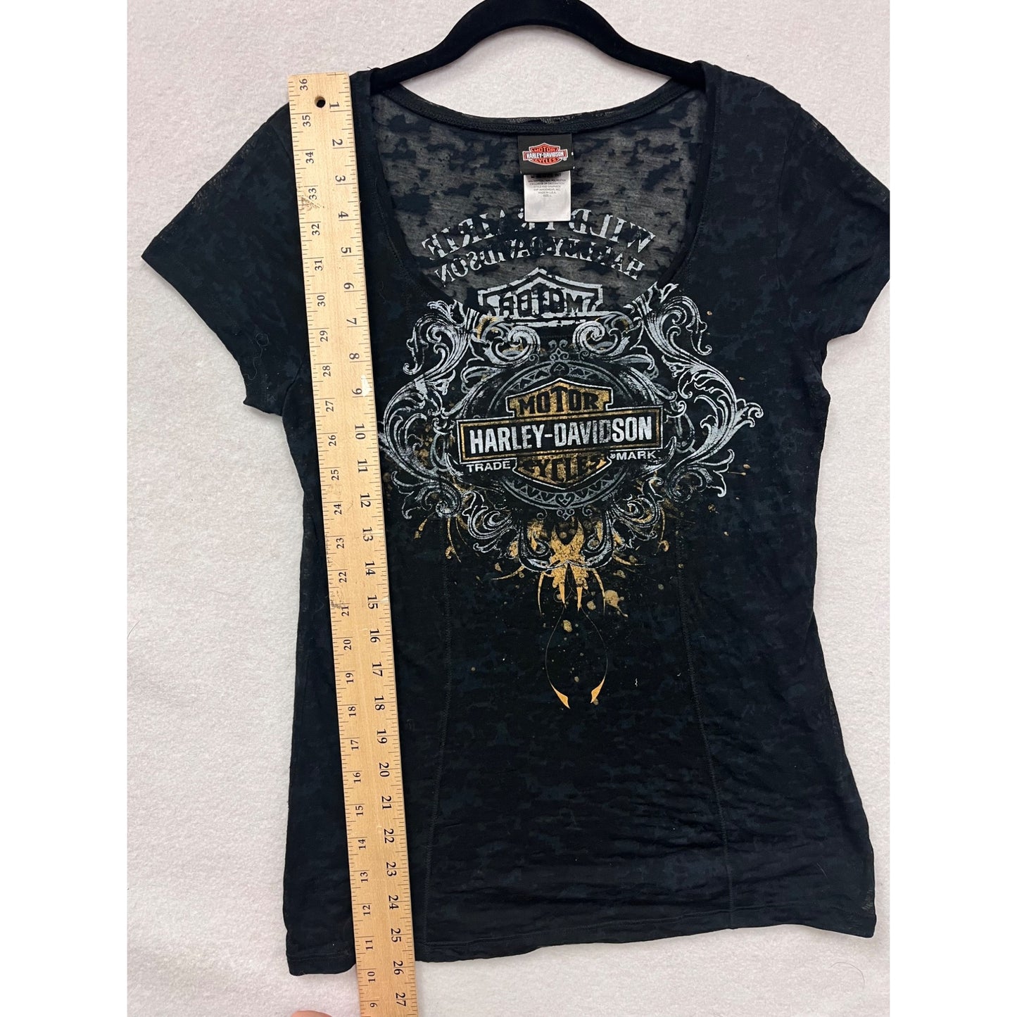 Harley-Davidson Womens Sheer Large Black Graphic Burnout T-Shirt #6490