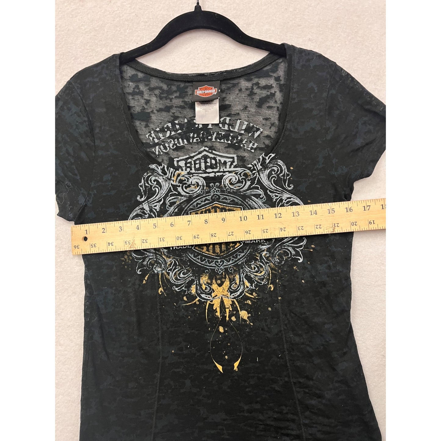 Harley-Davidson Womens Sheer Large Black Graphic Burnout T-Shirt #6490