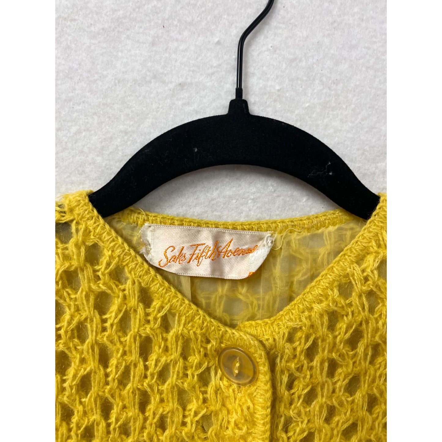 Vintage Saks Fifth Avenue Hand-Knit Yellow Open Weave Button Cardigan Sweater Size Medium #67A