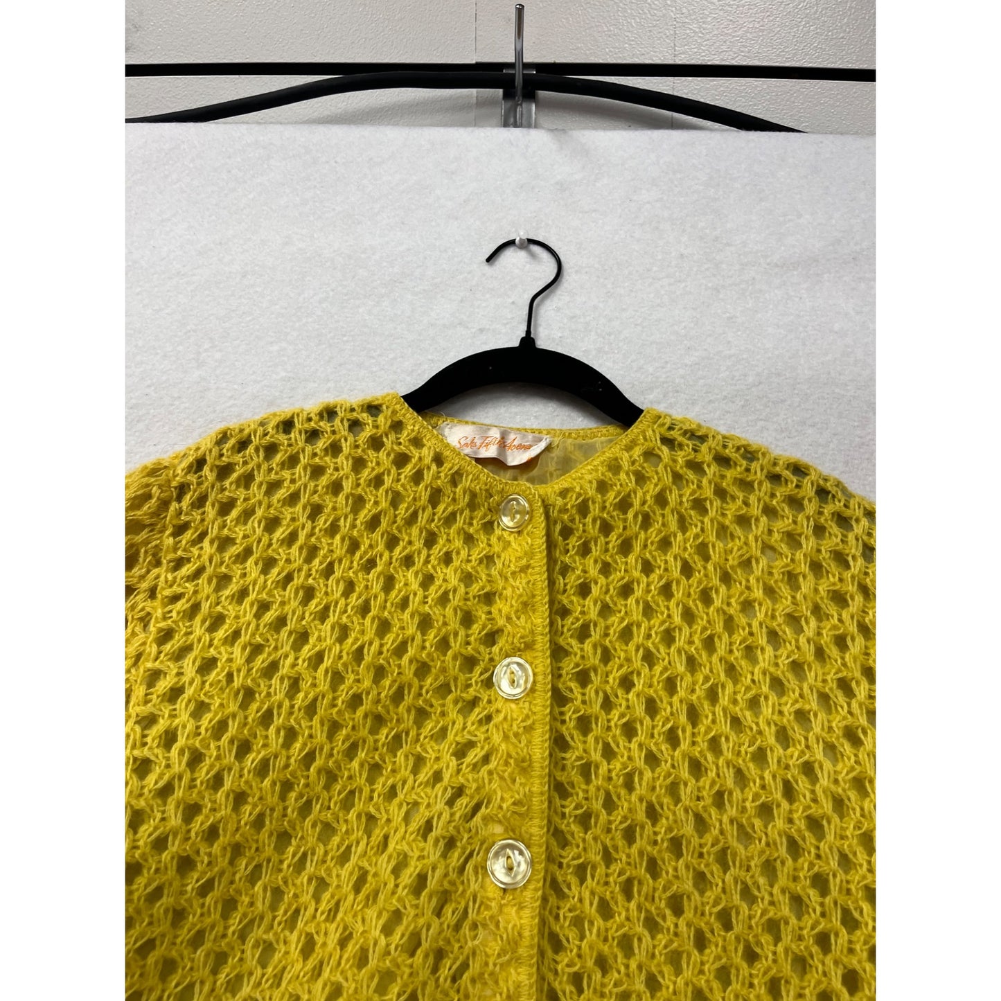 Vintage Saks Fifth Avenue Hand-Knit Yellow Open Weave Button Cardigan Sweater Size Medium #67A