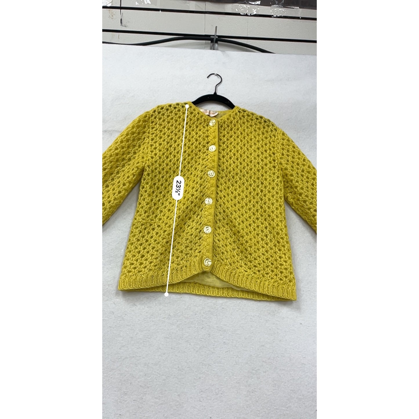 Vintage Saks Fifth Avenue Hand-Knit Yellow Open Weave Button Cardigan Sweater Size Medium #67A