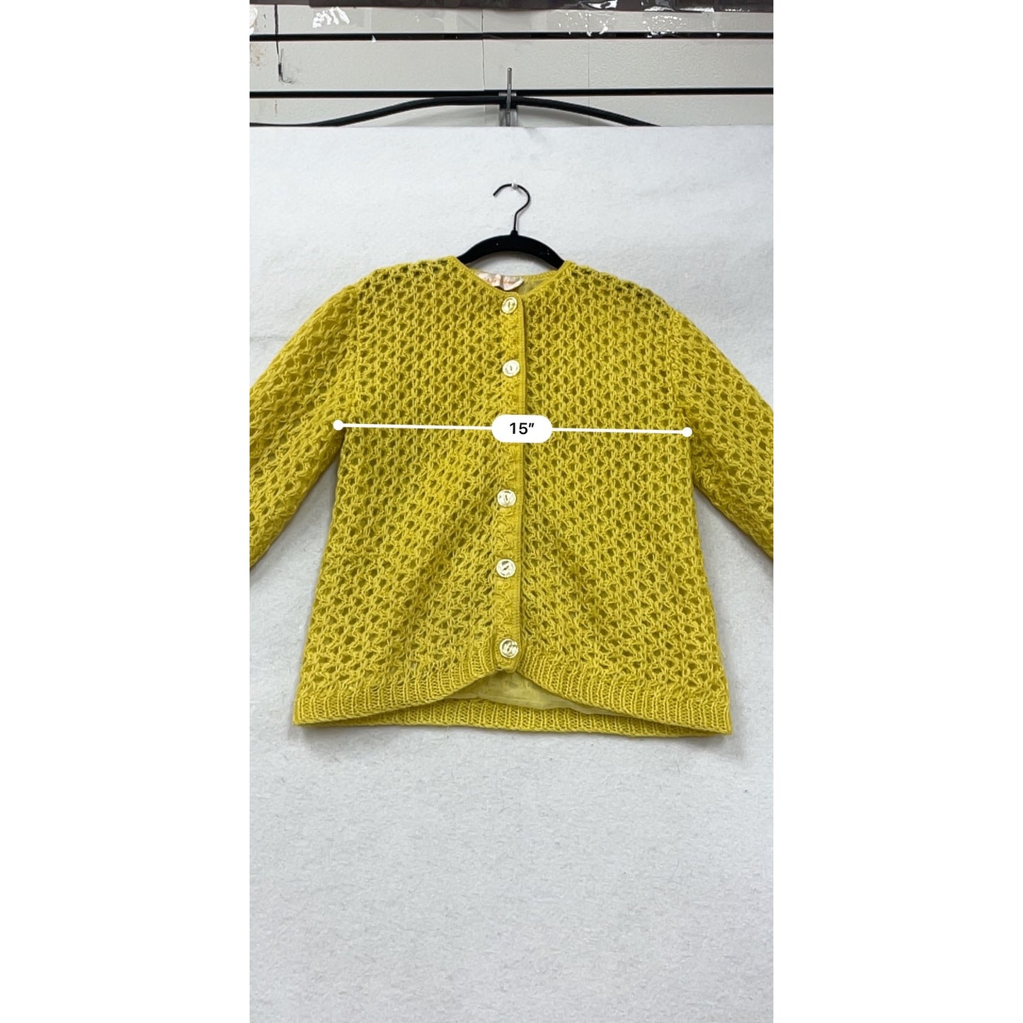Vintage Saks Fifth Avenue Hand-Knit Yellow Open Weave Button Cardigan Sweater Size Medium #67A