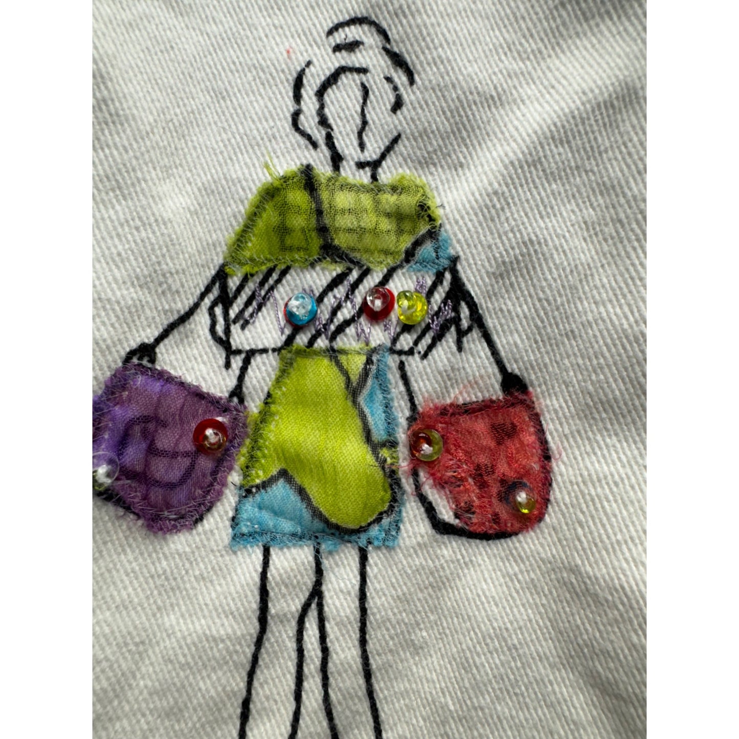 Womens White Top W/ Colorful Fashion Illustration Print & Bead Details #7806