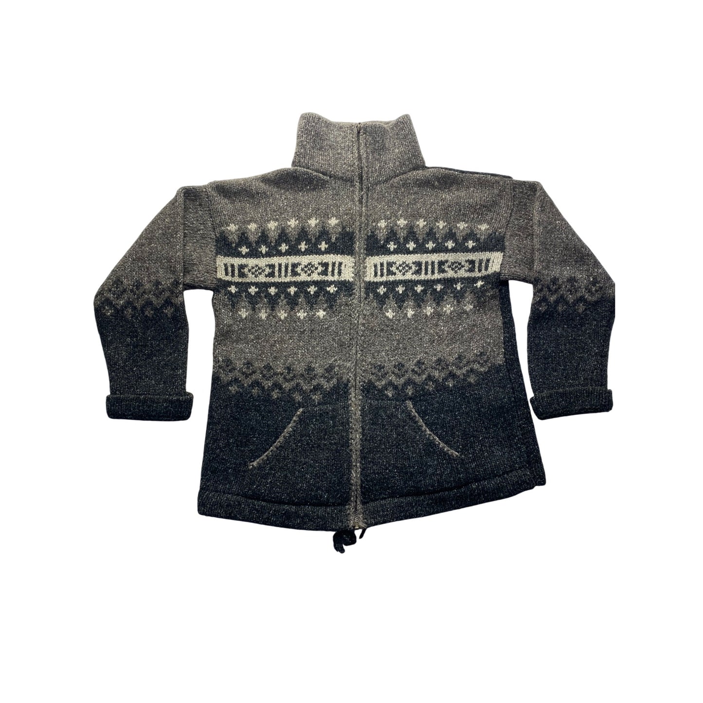 Vintage Handcrafted Wool & Cotton Sweater Zip up With Nordic Pattern #7072