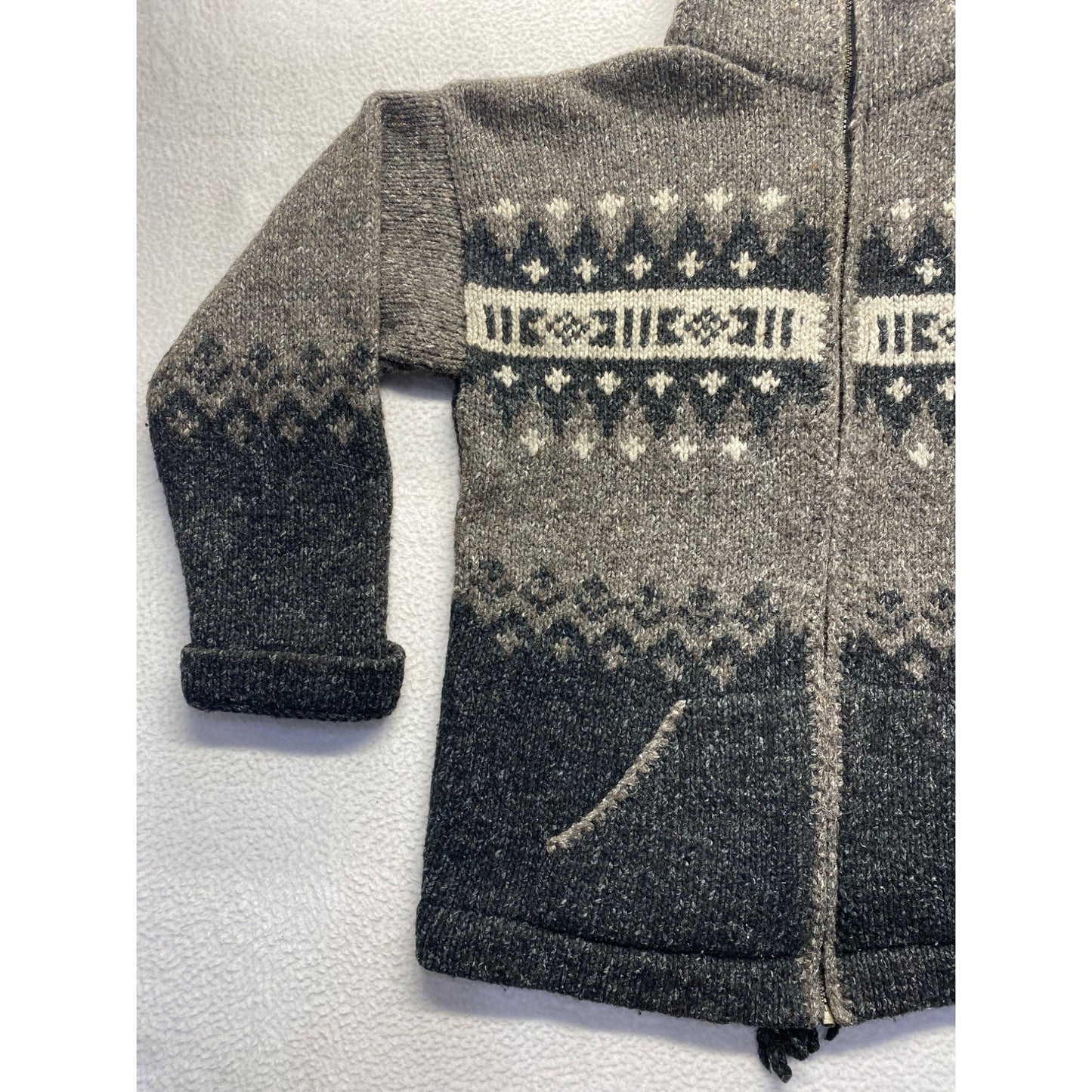 Vintage Handcrafted Wool & Cotton Sweater Zip up With Nordic Pattern #7072