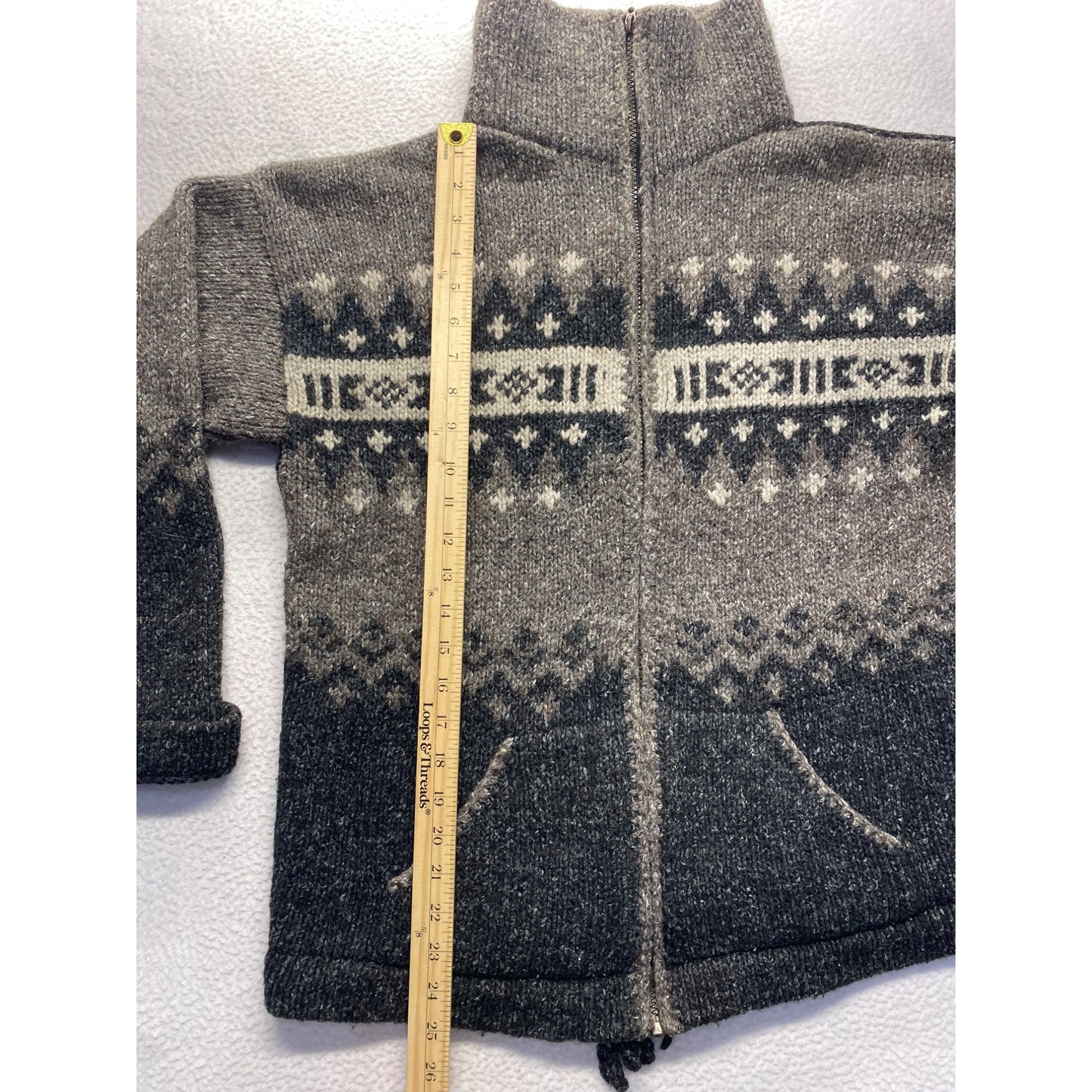 Vintage Handcrafted Wool & Cotton Sweater Zip up With Nordic Pattern #7072