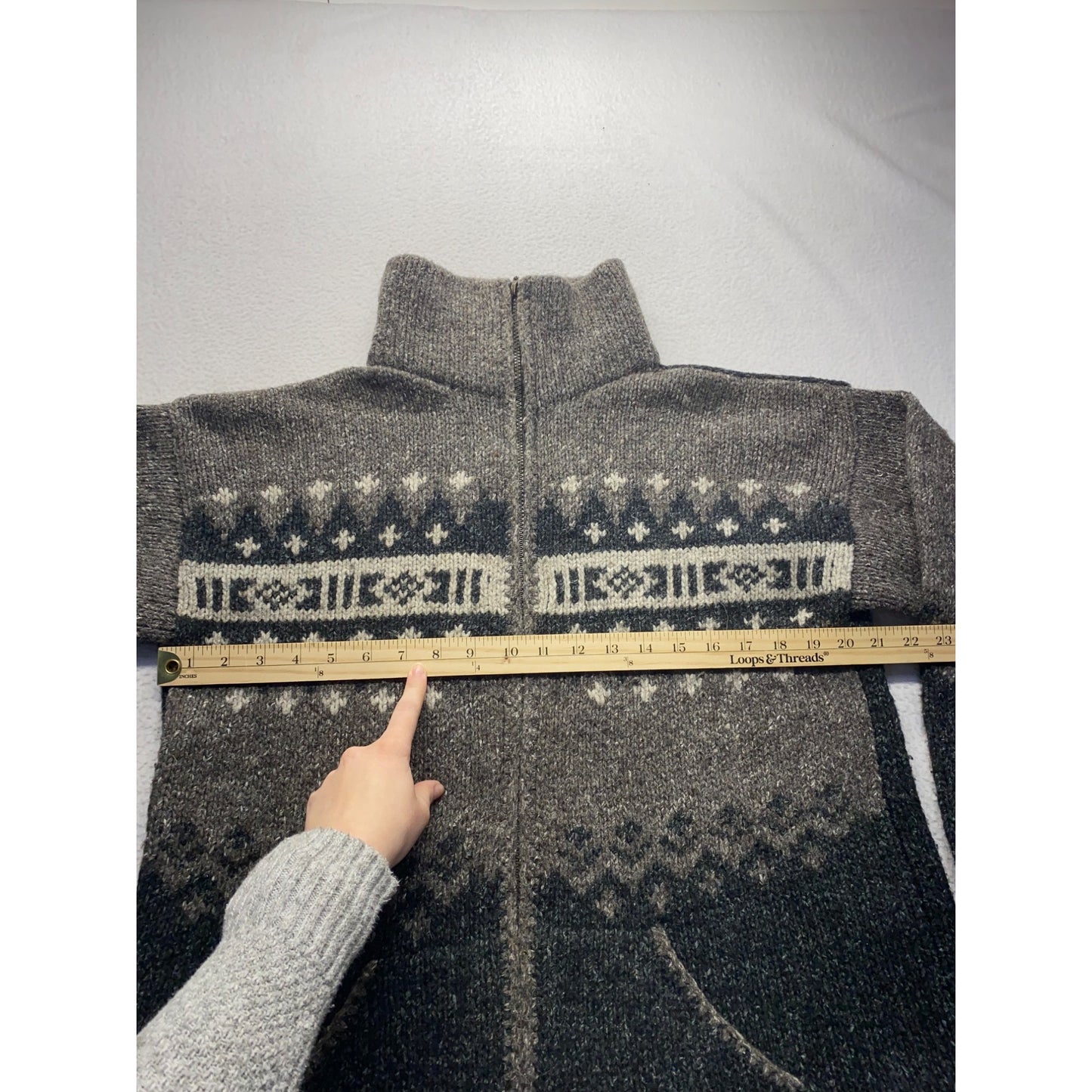 Vintage Handcrafted Wool & Cotton Sweater Zip up With Nordic Pattern #7072