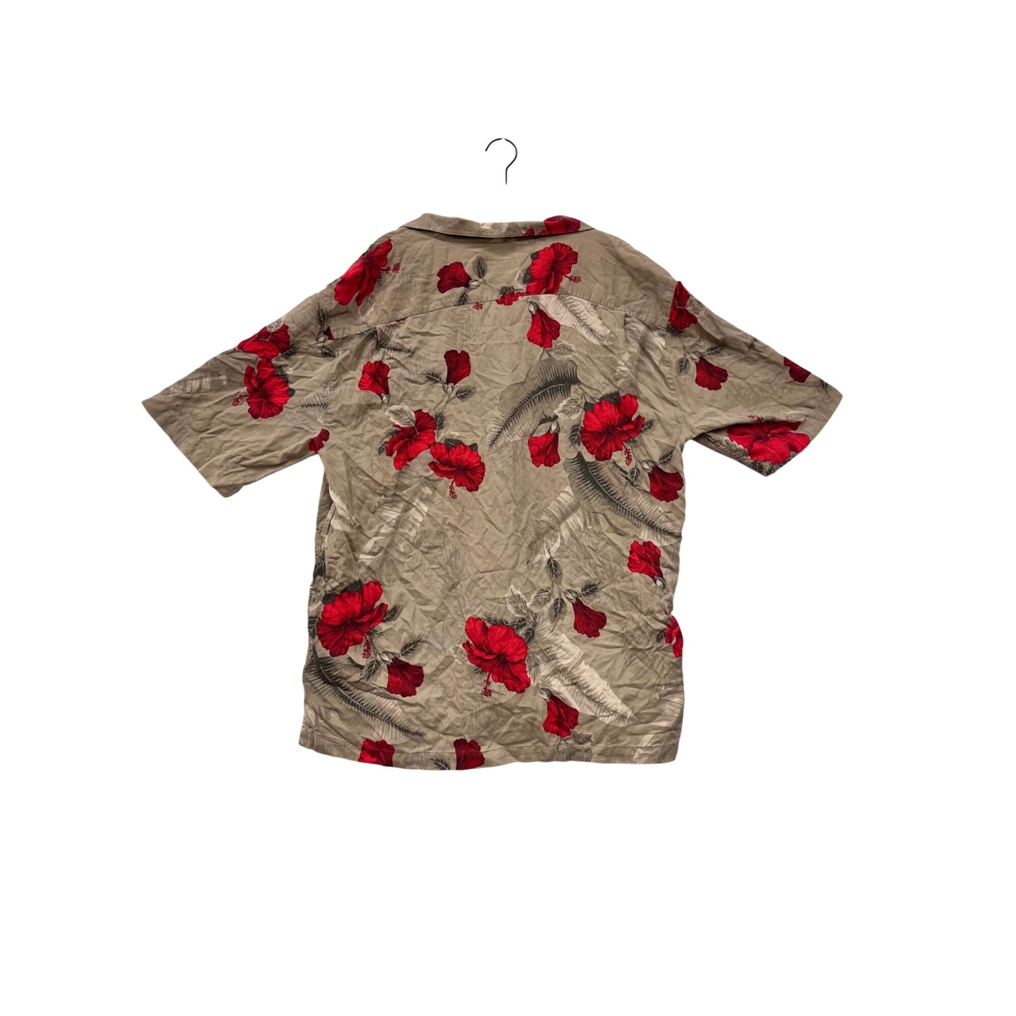 Mens Caribbean Joe Silk XXL Beige Button-Up Shirt With Red Floral Print #6589
