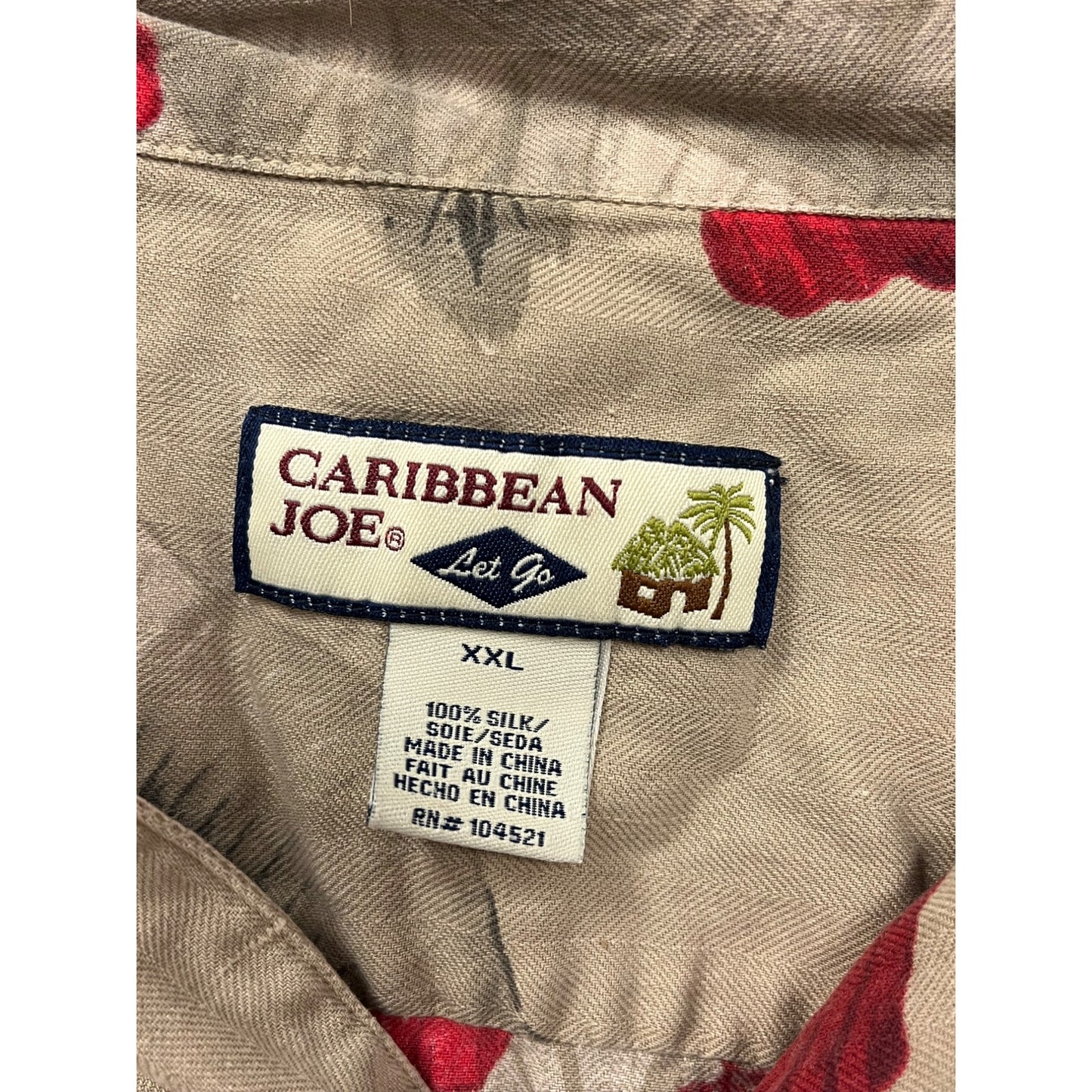 Mens Caribbean Joe Silk XXL Beige Button-Up Shirt With Red Floral Print #6589