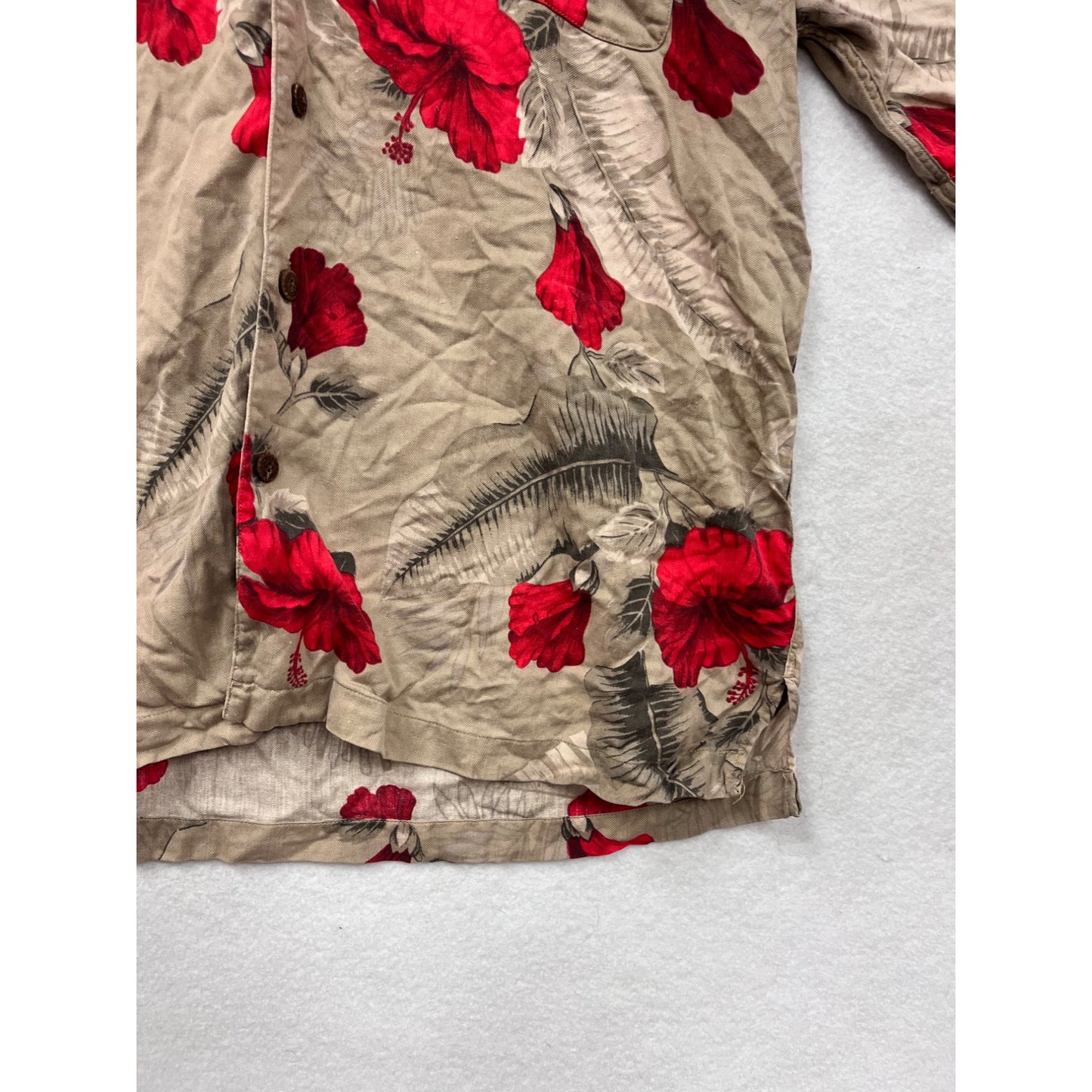 Mens Caribbean Joe Silk XXL Beige Button-Up Shirt With Red Floral Print #6589