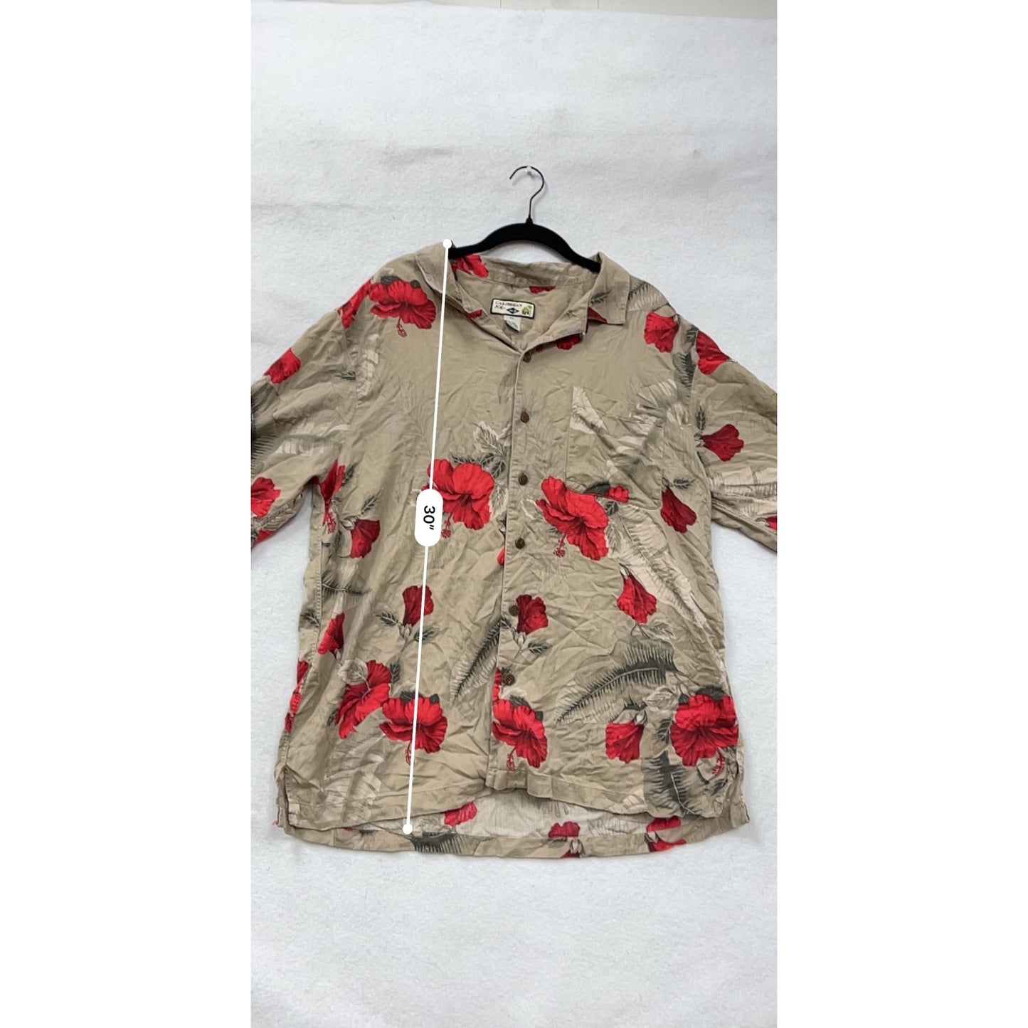 Mens Caribbean Joe Silk XXL Beige Button-Up Shirt With Red Floral Print #6589