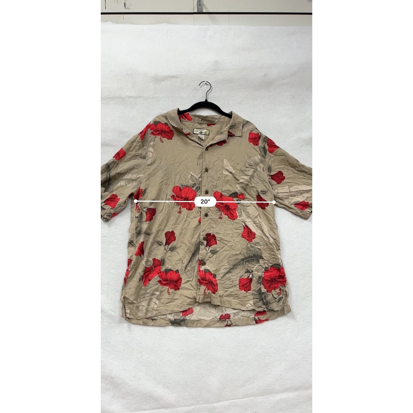 Mens Caribbean Joe Silk XXL Beige Button-Up Shirt With Red Floral Print #6589