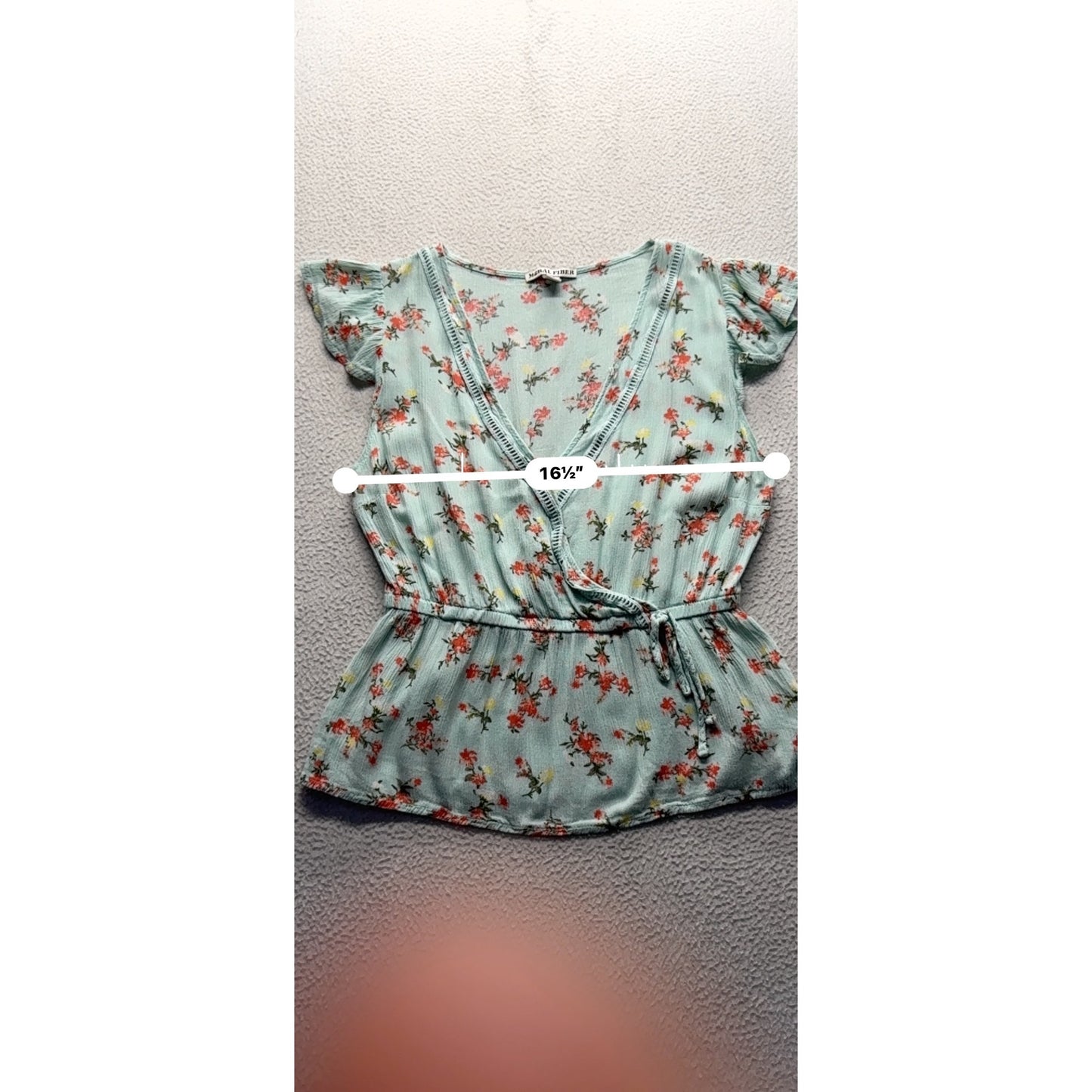 Floral Wrap Style Peplum Blouse Mint Green Rayon Moral Fiber Top #58B