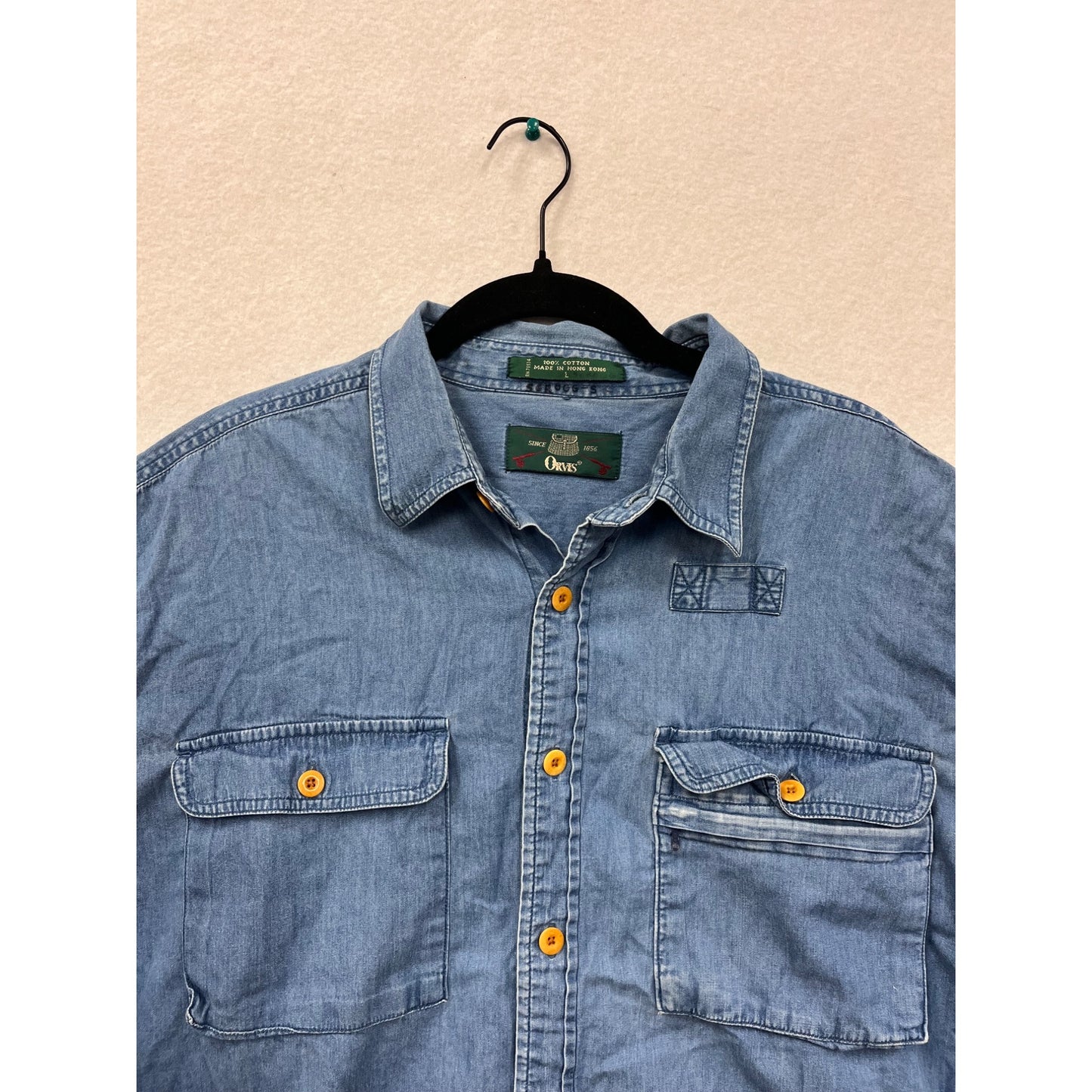 Orvis Mens Large Denim Button-Up Shirt 100% Cotton Long Sleeve Casual With Chest Pockets #6329
