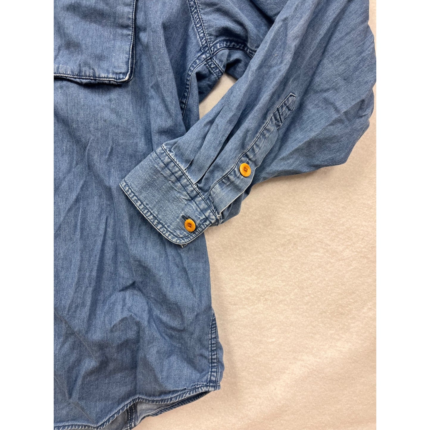 Orvis Mens Large Denim Button-Up Shirt 100% Cotton Long Sleeve Casual With Chest Pockets #6329