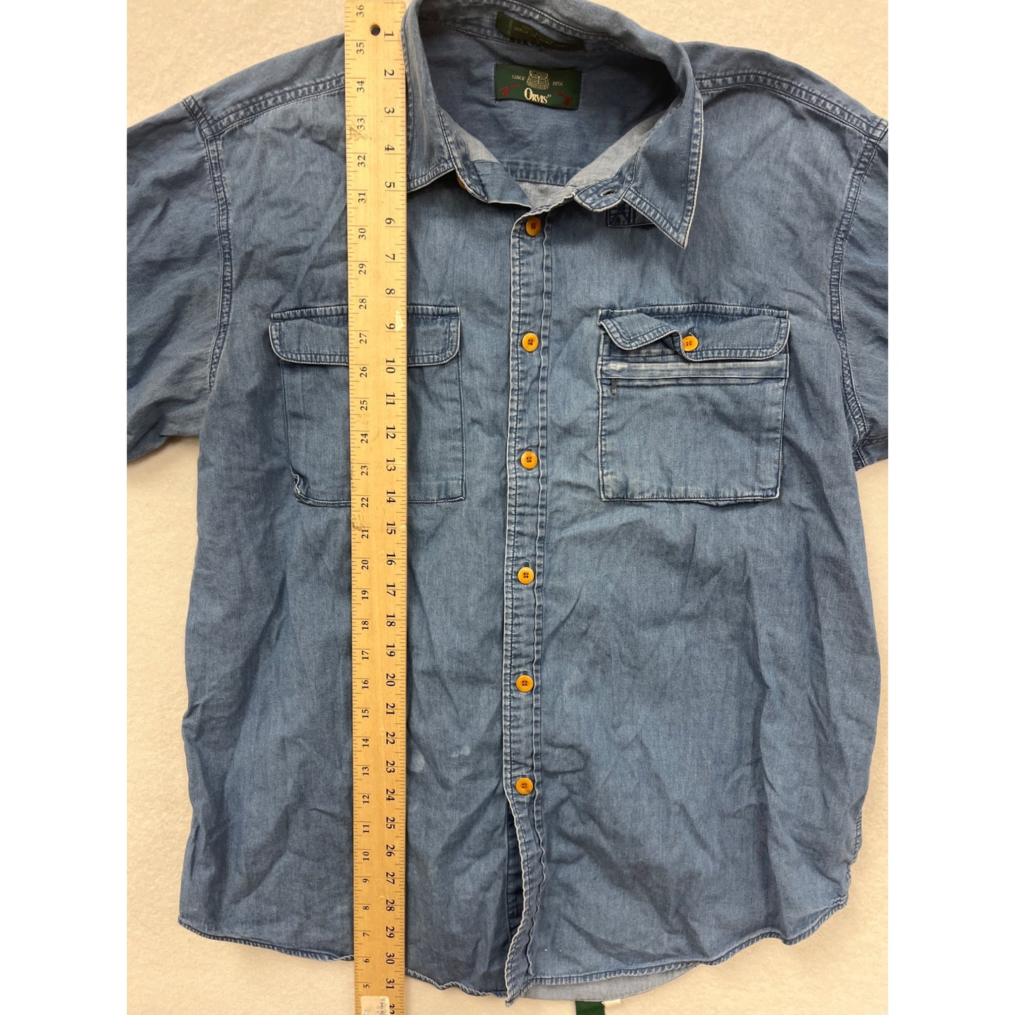 Orvis Mens Large Denim Button-Up Shirt 100% Cotton Long Sleeve Casual With Chest Pockets #6329