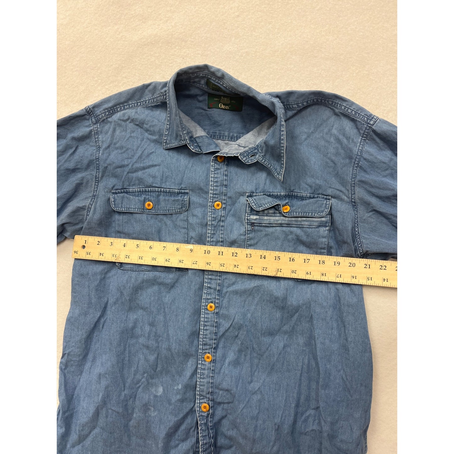 Orvis Mens Large Denim Button-Up Shirt 100% Cotton Long Sleeve Casual With Chest Pockets #6329