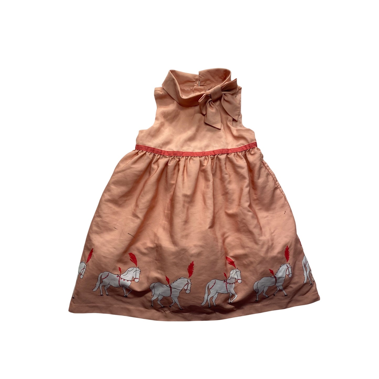 Janie & Jack Peach Horse Print Toddler Dress 18-24M With Bow Collar & Tulle Lining #7366