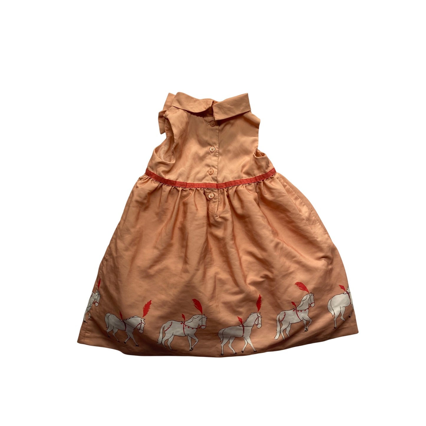 Janie & Jack Peach Horse Print Toddler Dress 18-24M With Bow Collar & Tulle Lining #7366