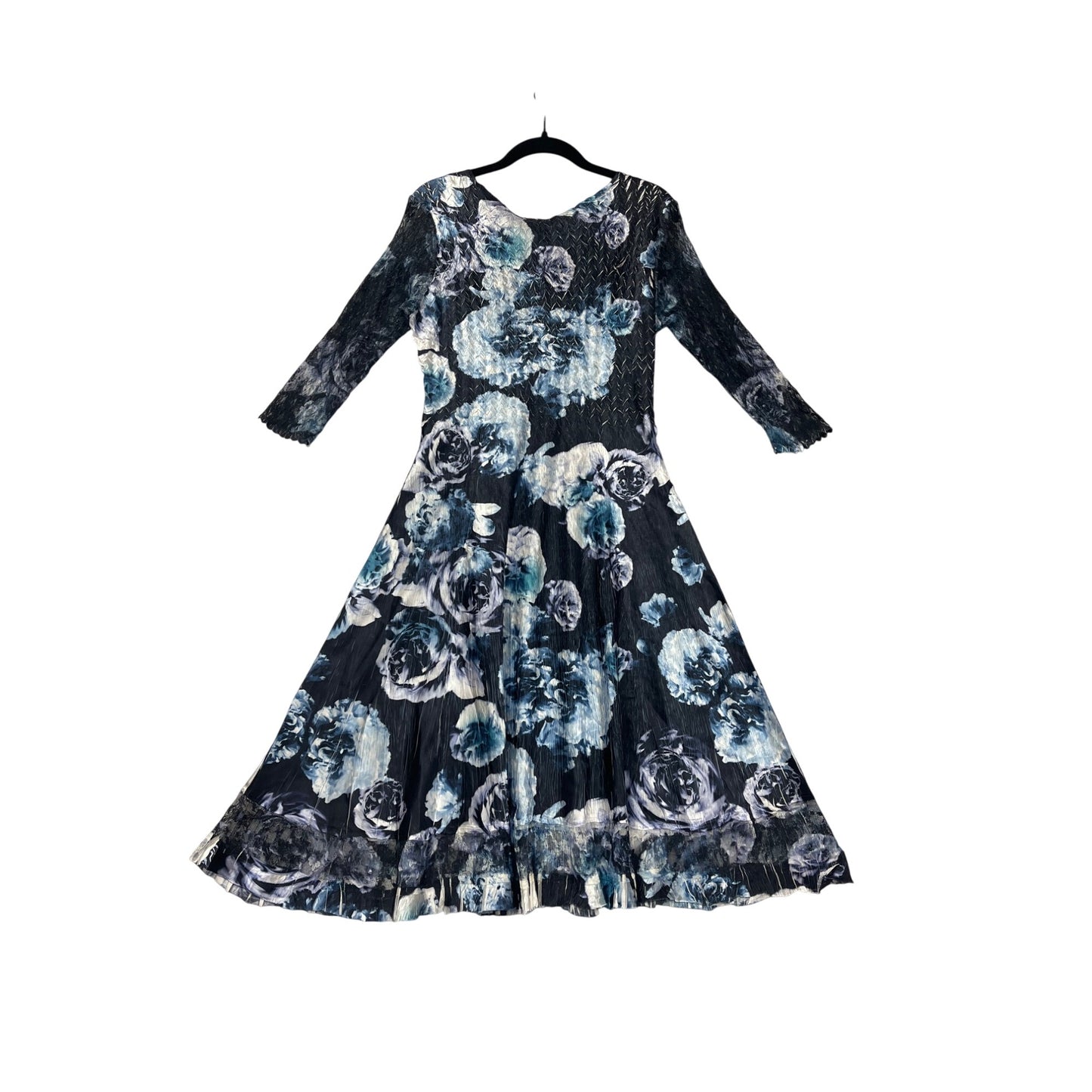 Komarov Womens Large Floral Print Lace Trim Charmeuse Dress 3/4 Lace Sleeves #6688