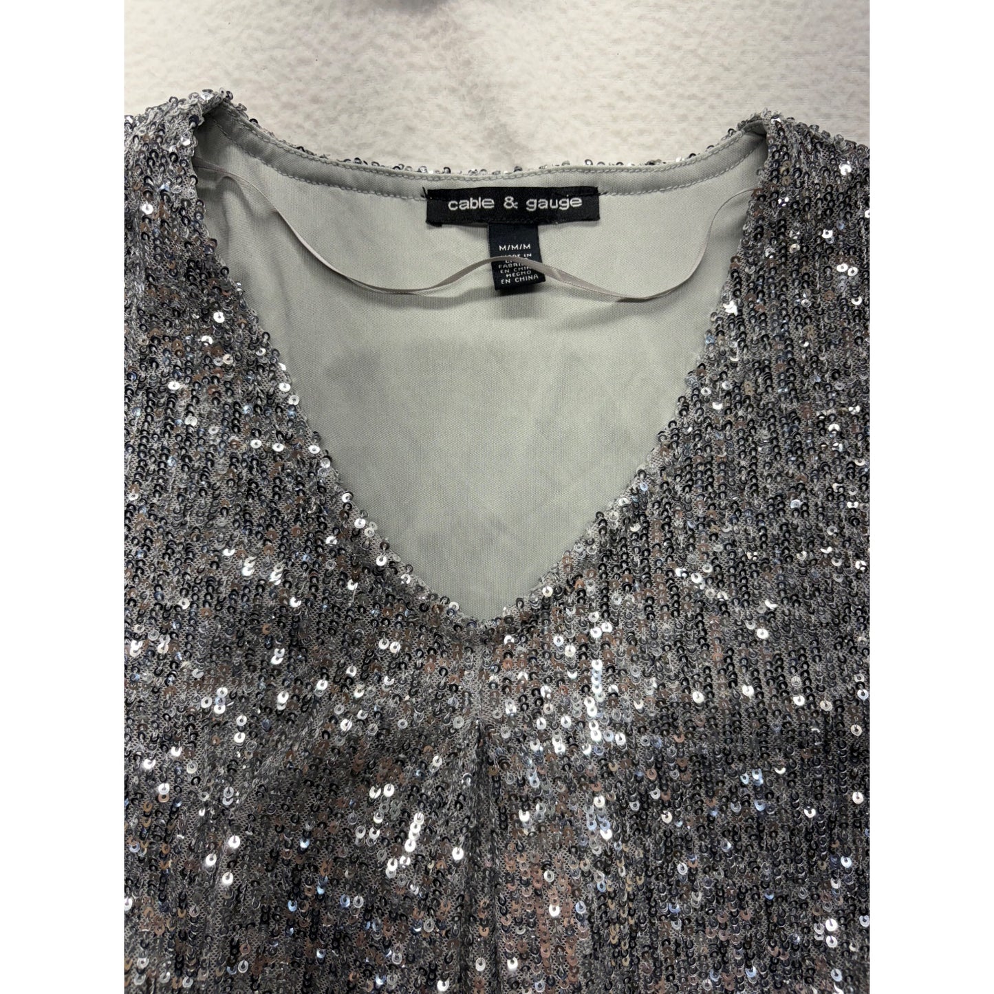 Silver Sequin Cold Shoulder Bell Sleeve Top By Cable & Gauge #7512
