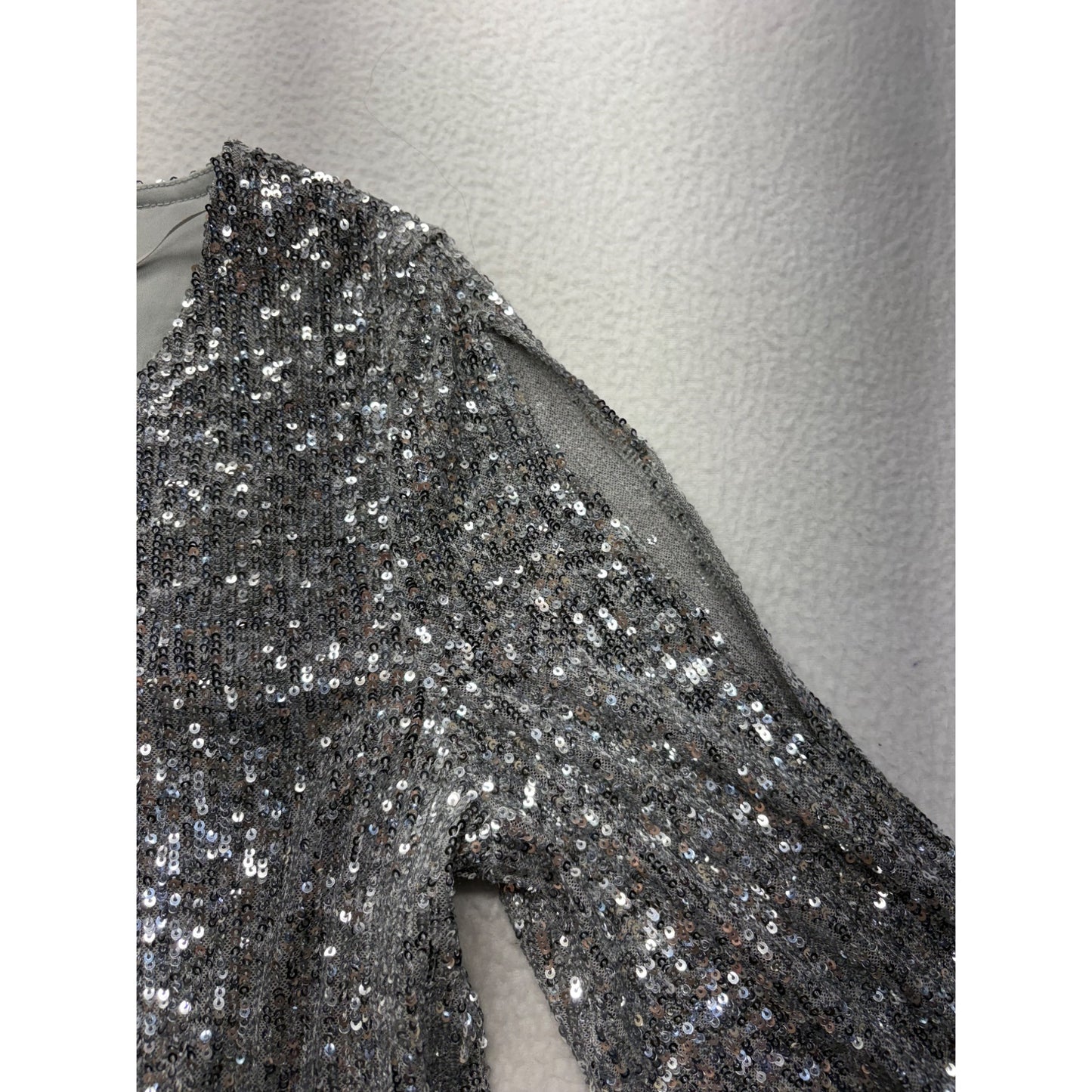 Silver Sequin Cold Shoulder Bell Sleeve Top By Cable & Gauge #7512