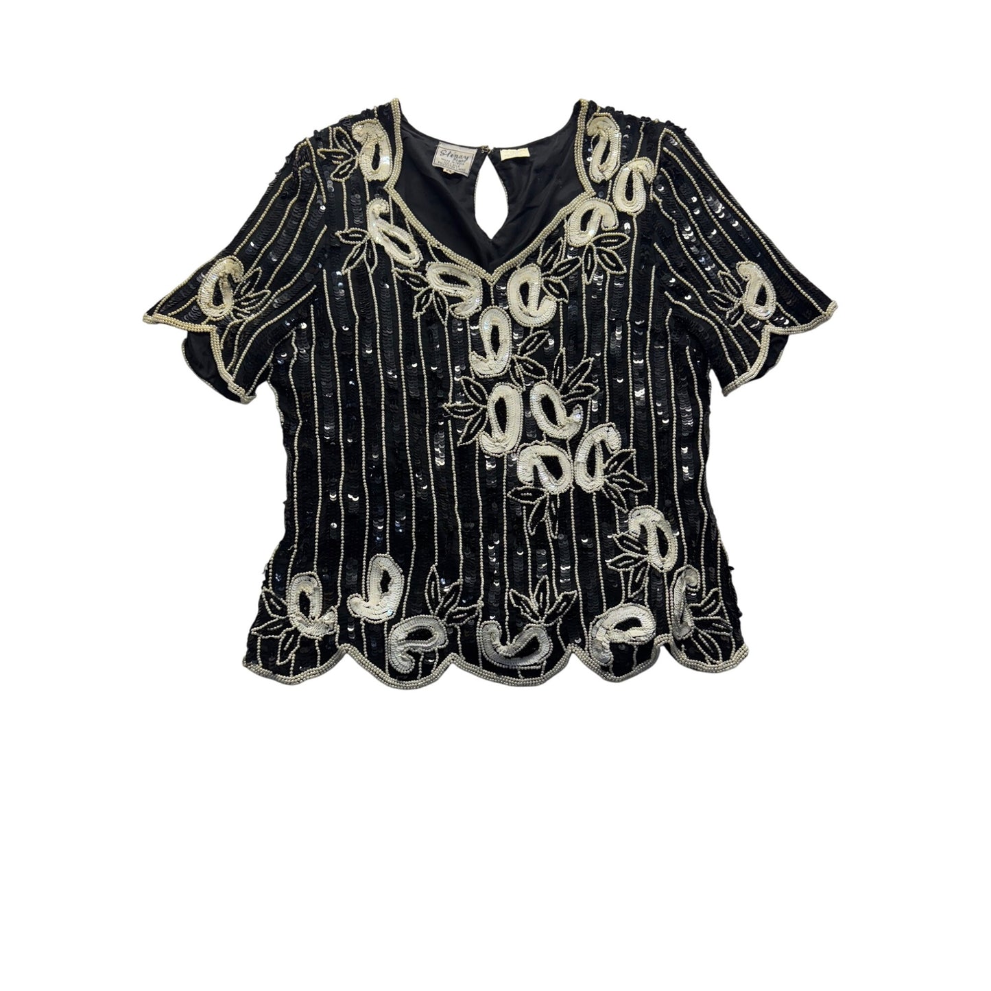 Vintage Stenay Black & Silver Sequin Embroidered Top Silk & Polyester #7961