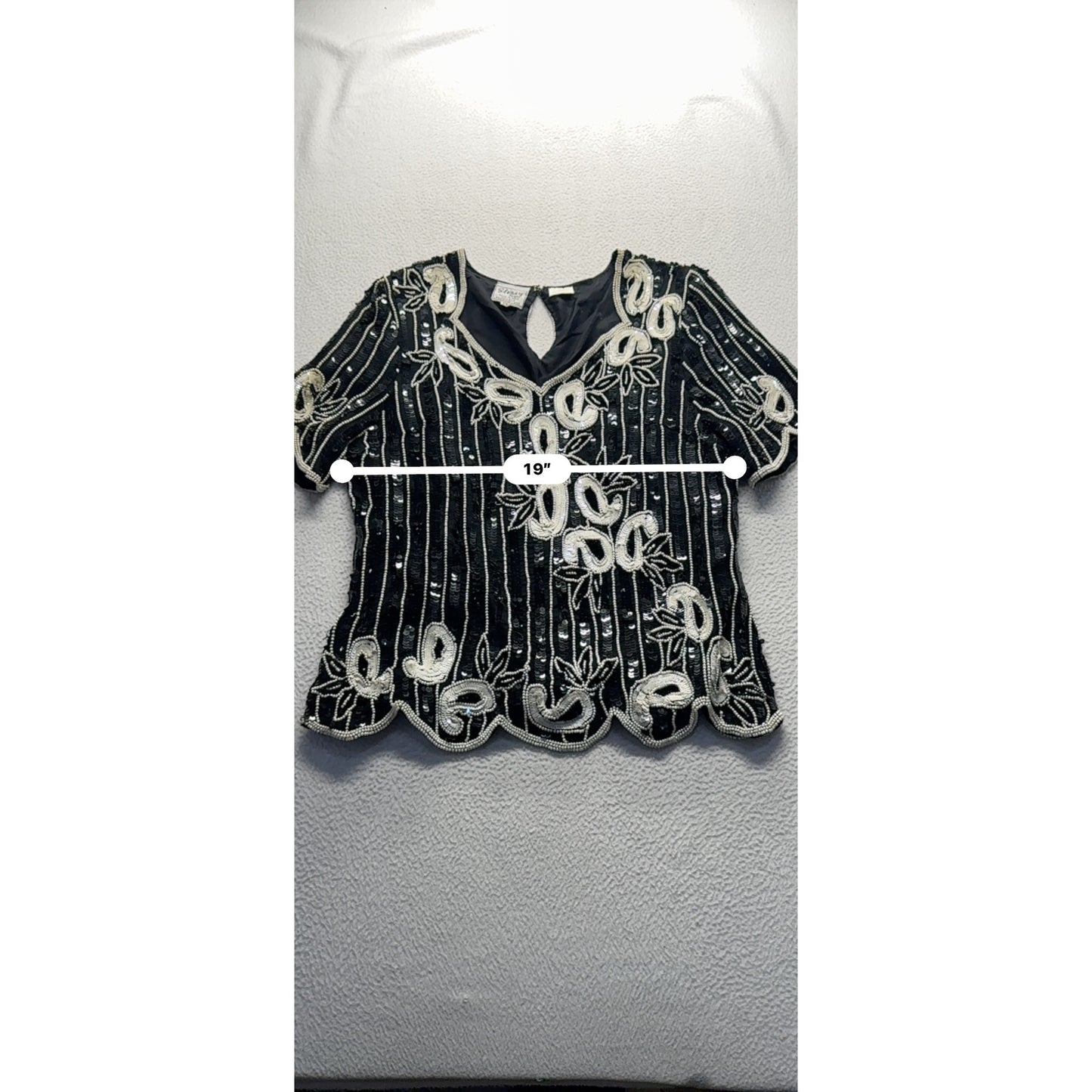 Vintage Stenay Black & Silver Sequin Embroidered Top Silk & Polyester #7961