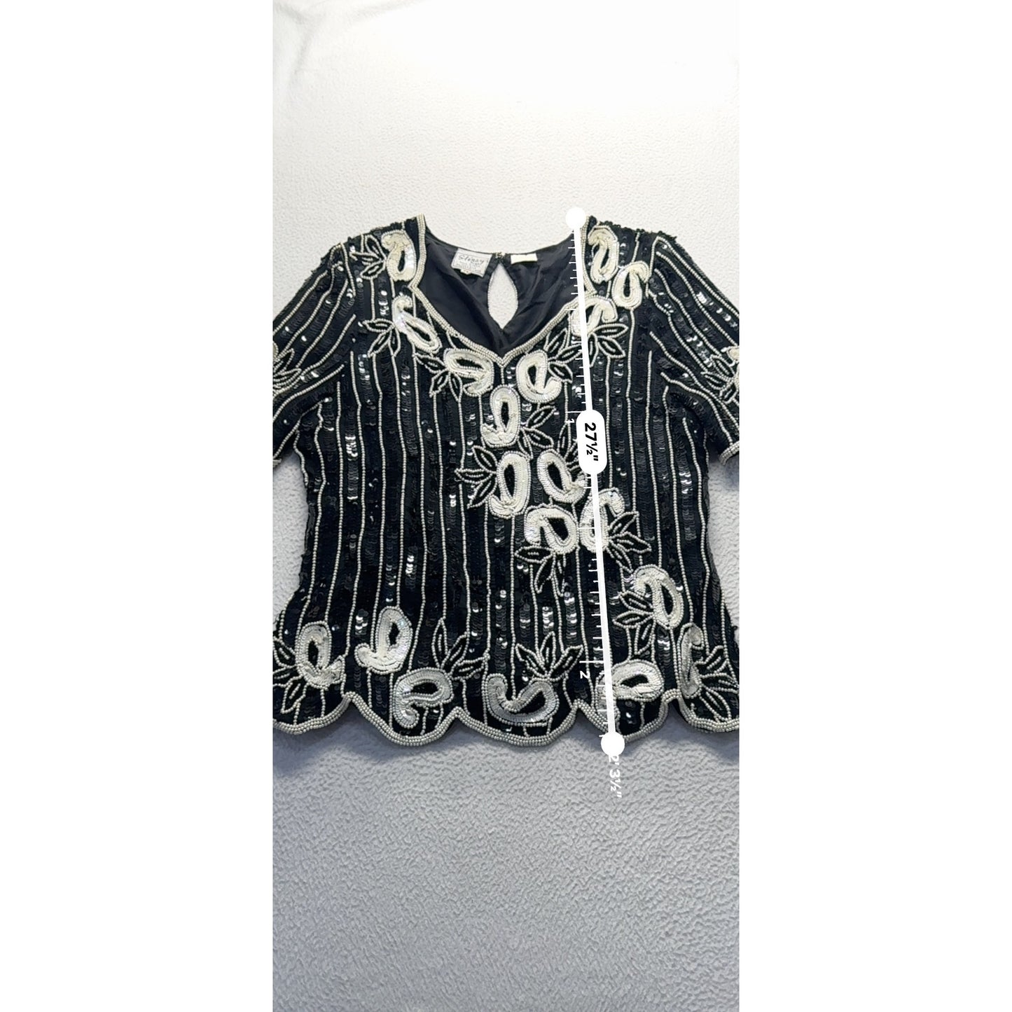 Vintage Stenay Black & Silver Sequin Embroidered Top Silk & Polyester #7961