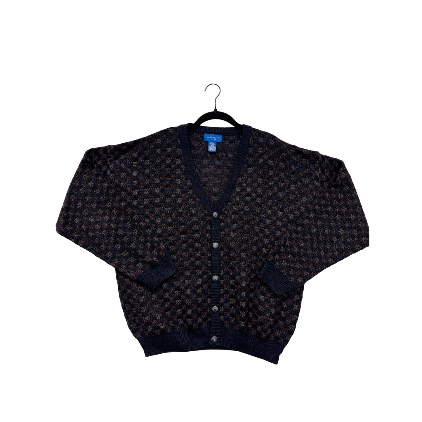 Vintage Towncraft Mens Cardigan Sweater Large Black/Brown Checkered Acrylic Polyester Knit #6837