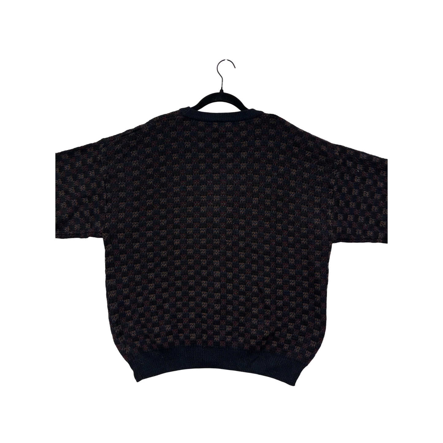 Vintage Towncraft Mens Cardigan Sweater Large Black/Brown Checkered Acrylic Polyester Knit #6837