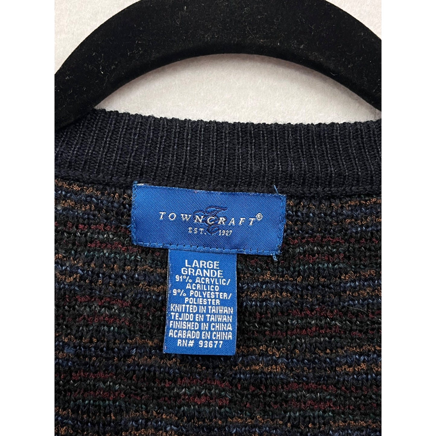 Vintage Towncraft Mens Cardigan Sweater Large Black/Brown Checkered Acrylic Polyester Knit #6837