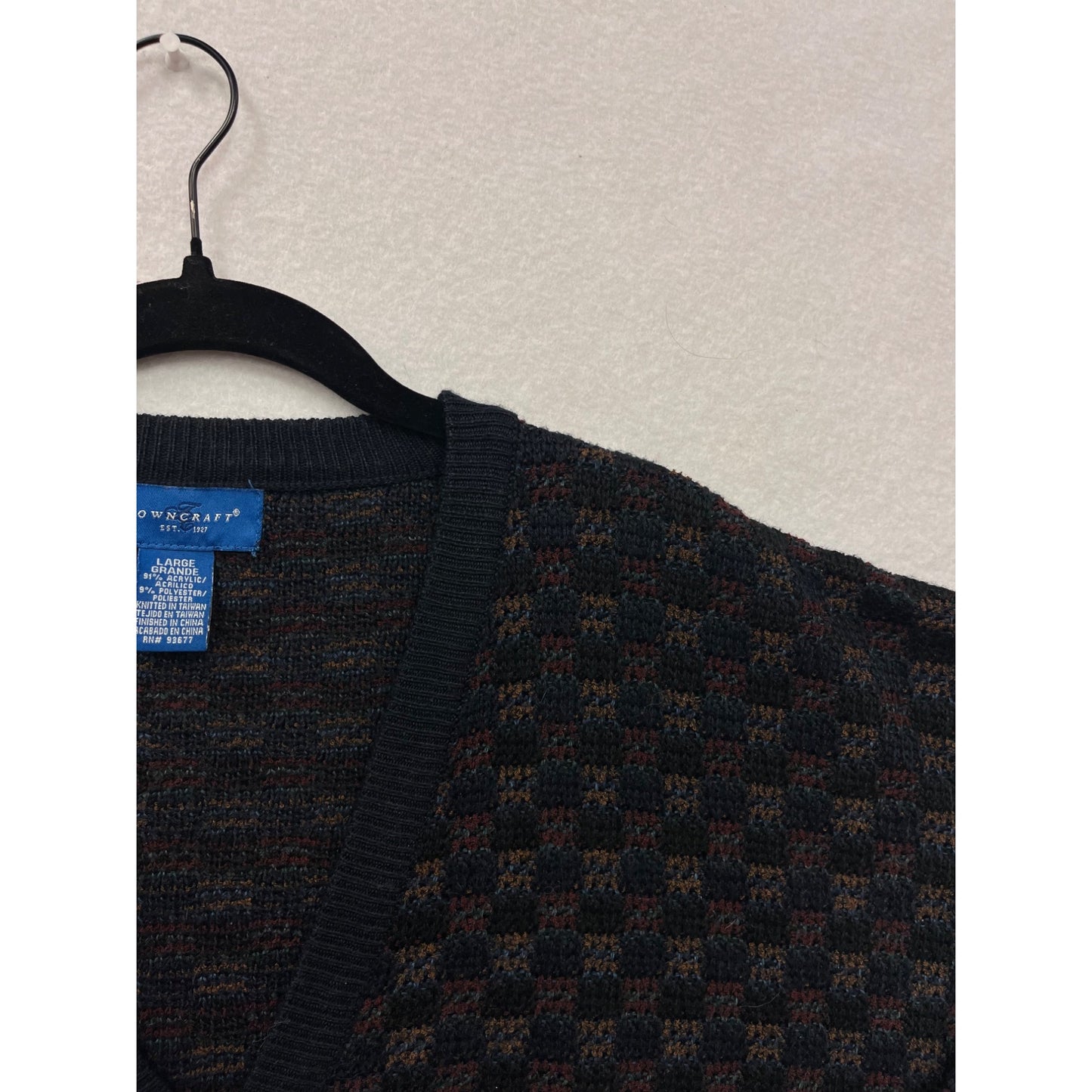 Vintage Towncraft Mens Cardigan Sweater Large Black/Brown Checkered Acrylic Polyester Knit #6837