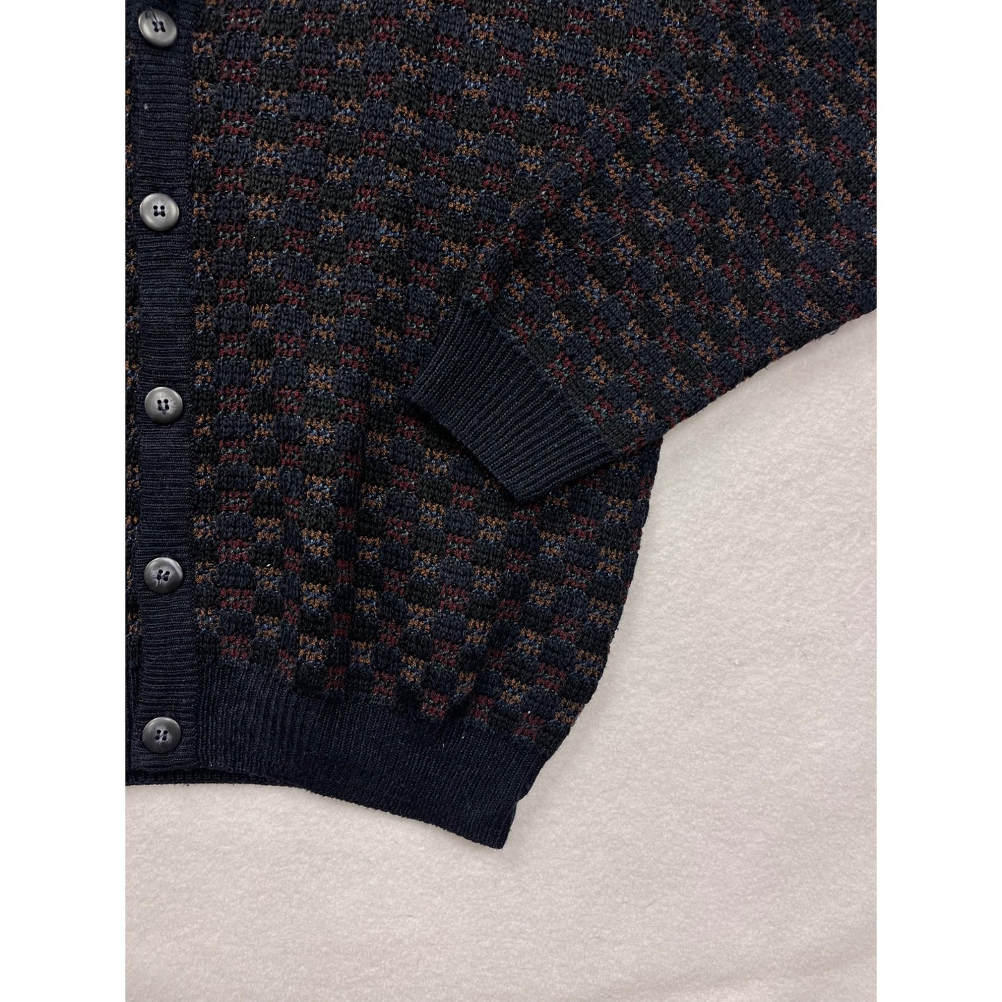 Vintage Towncraft Mens Cardigan Sweater Large Black/Brown Checkered Acrylic Polyester Knit #6837