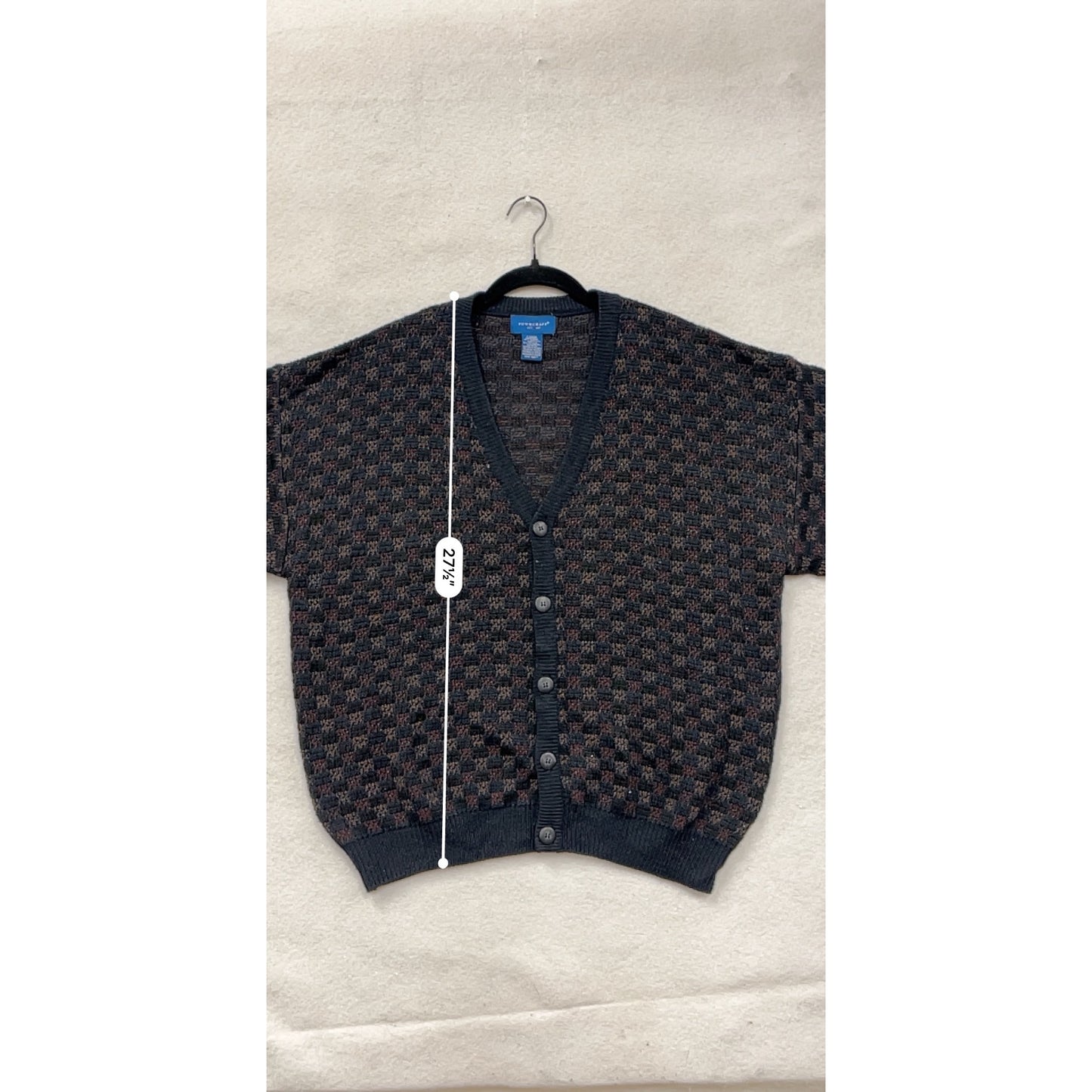 Vintage Towncraft Mens Cardigan Sweater Large Black/Brown Checkered Acrylic Polyester Knit #6837