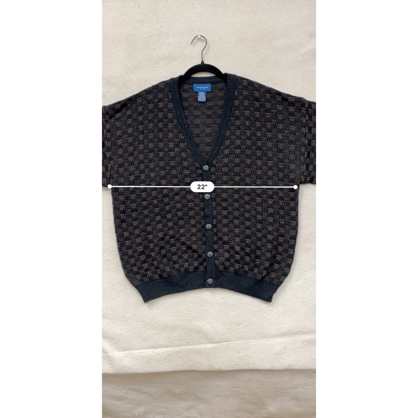 Vintage Towncraft Mens Cardigan Sweater Large Black/Brown Checkered Acrylic Polyester Knit #6837