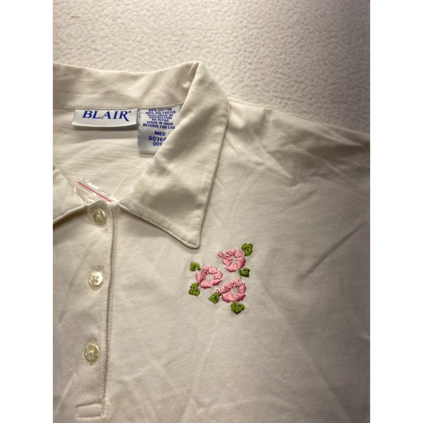 Blair Womens Ivory Polo Shirt With Pink Floral Embroidery #7363