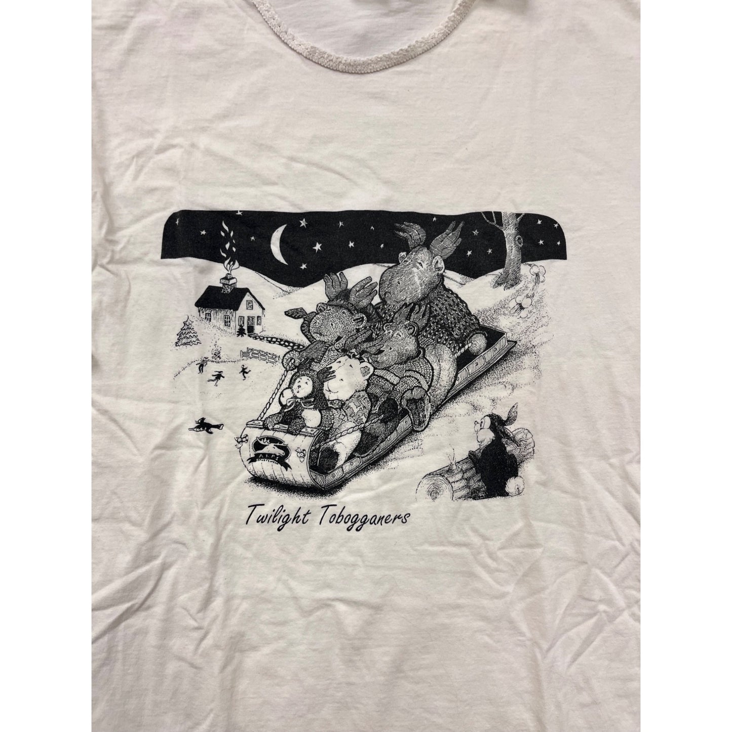 Vintage 90s Alps Womens OSFA White Twilight Tobogganers Nightgown 100% Cotton With Fun Winter Scene Print #6843