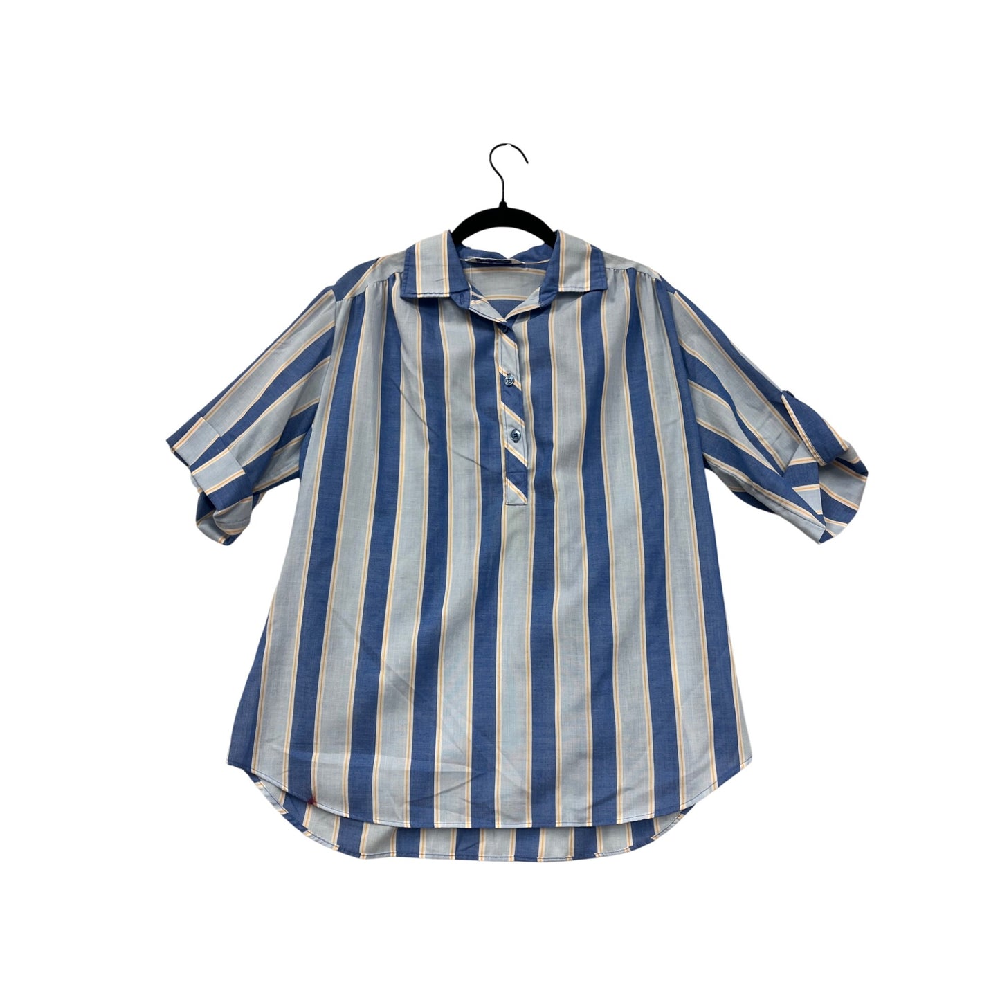 Vintage Miss Fashionality Blue & Yellow Striped Button-Front Womens Blouse With 3/4 Sleeves #6746